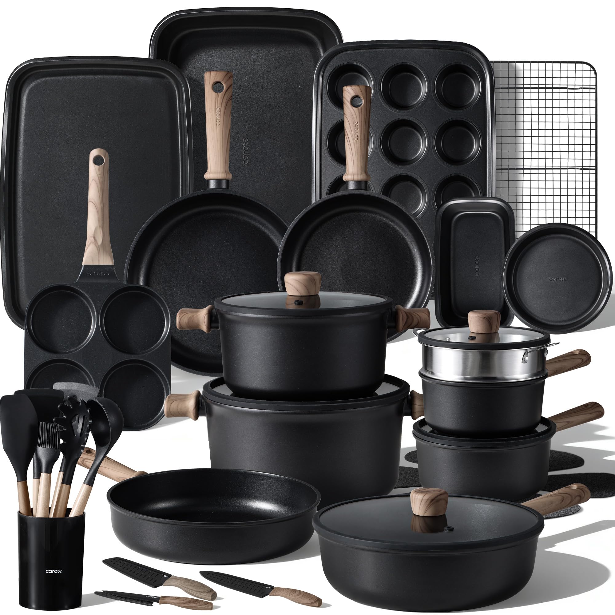 CAROTE 44pcs Nonstick Kitchen Cookware Sets, Nonstick Pots and Pans, Induction Cookware Set Kitchen Cooking Sets, Non Stick w/Frying Pan,Black Image