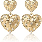 Juicy Couture Quilted Double Heart Earrings for Women, Gold-Tone Large Drop Earrings with Crystals, Valentines Gifts for Her