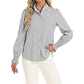 Funlingo Women's Striped Button Down Shirts Long Sleeve Smocked Cuffed Ruffle Collar Blouses Spring Work Business Casual Tops