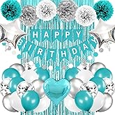 Iyosll Teal Blue and Silver Birthday Party Decorations Happy Birthday Banner Turquoise Aqua Teal Balloons Tissue Pom Poms Foil Fringe Curtain Décor Supplies for Women Girls boys men