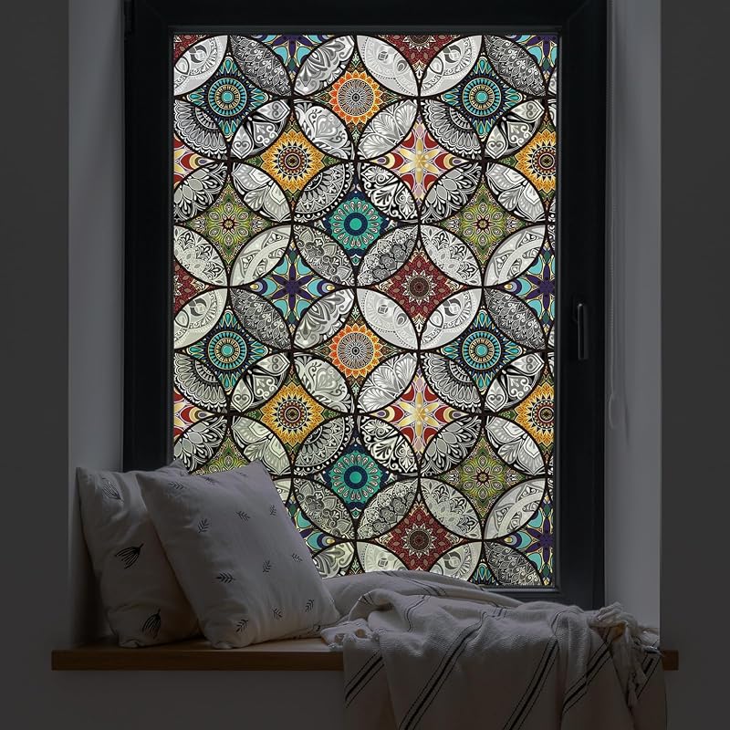 dktie Window Film Privacy Non Adhesive Stained Glass 44.5x200 cm UV Blocking