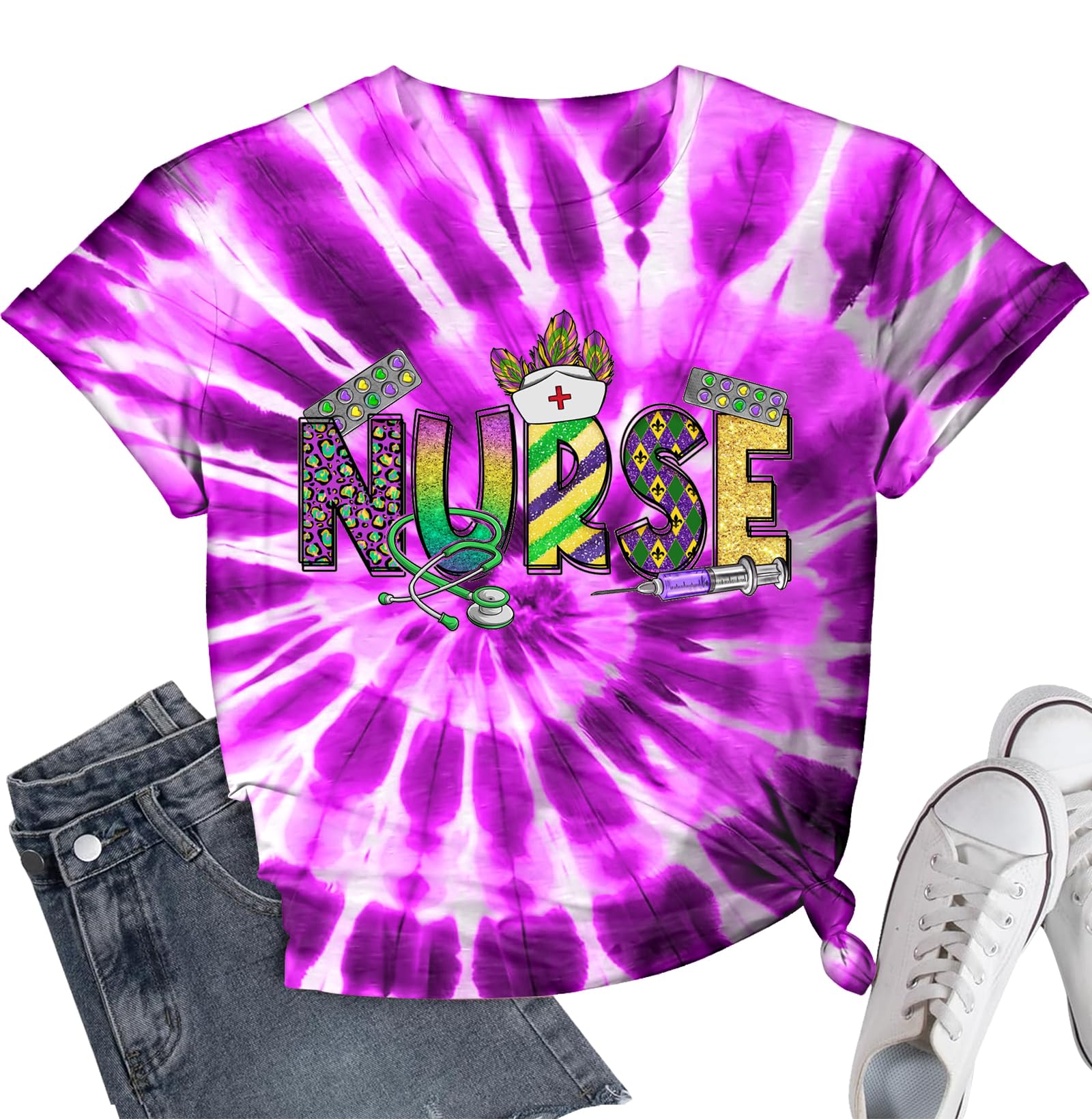 Mardi Gras Nurse Shirt Womens Mardi Gras Day Tshirt -Tuesday Carnival Tee New Orleans Party Short Sleeve