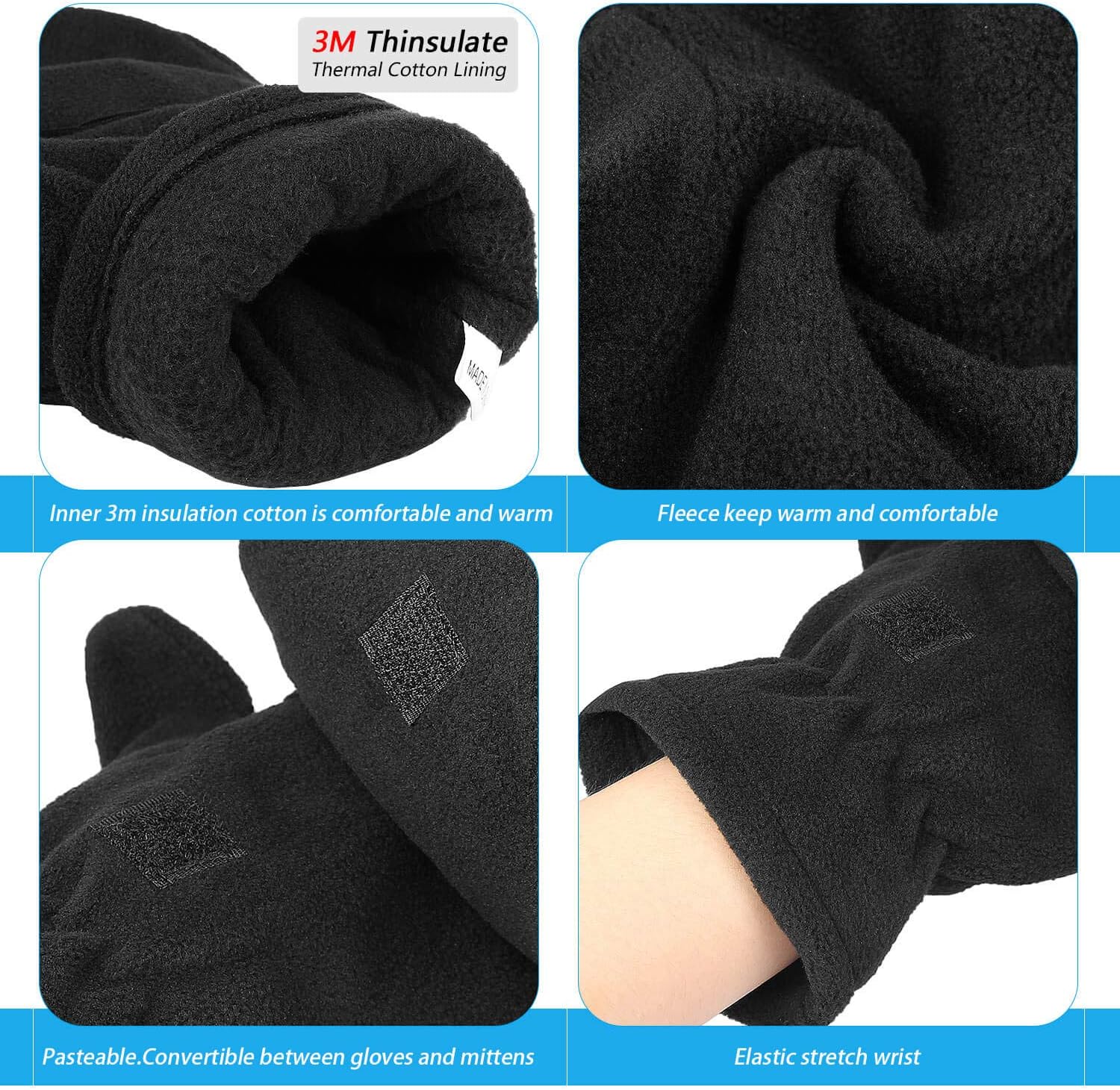 OZERO Winter Gloves 3M Thinsulate Fingerless Convertible Thermal Mittens Windproof Insulated Polar Fleece Warm for Men and Women Black : Sports & Outdoors