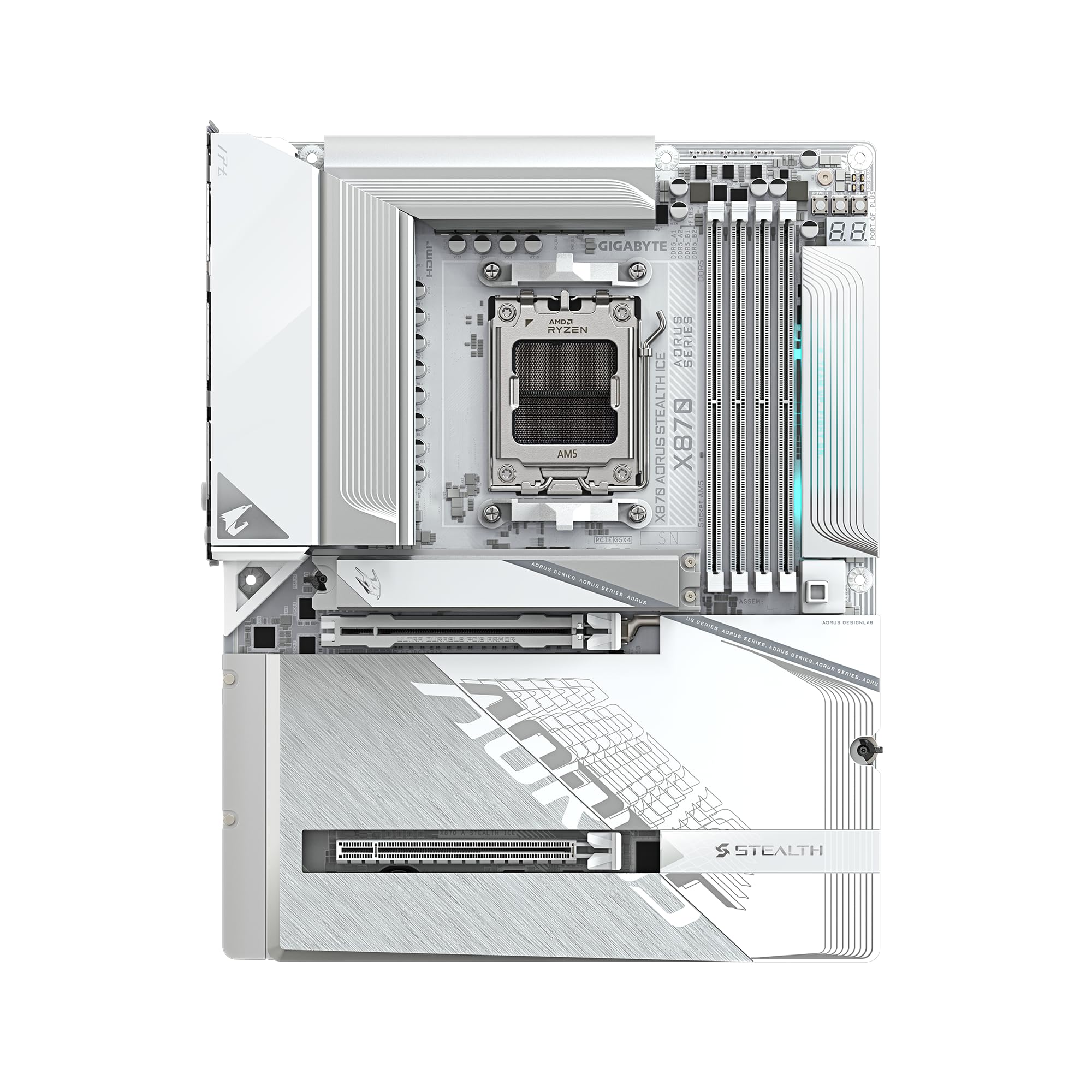 GIGABYTE X870 AORUS Stealth ICE AMD AM5 Motherboard, ATX, DDR5, 4X M.2, PCIe 5.0, 2xUSB-4,USB-C, WIFI7, 5GbE LAN, EZ-Latch