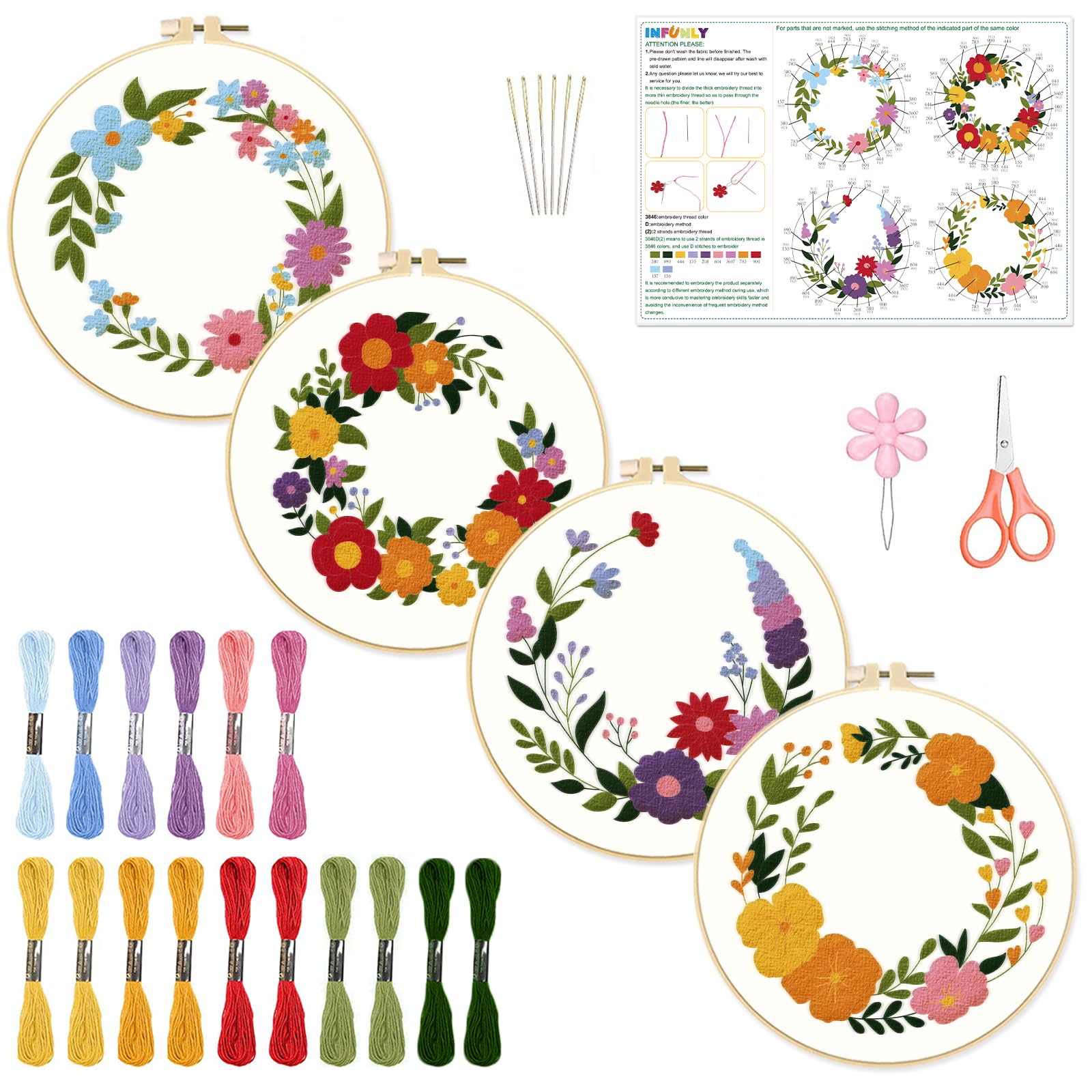 INFUNLY 4 Pack Flower Wreath Embroidery Kits for Beginners Floral Pattern Cross Stitch Kit Animal DIY Needlepoint Kits Plant Stamped Embroidery Kit with Instructions Embroidery Hoops Threads