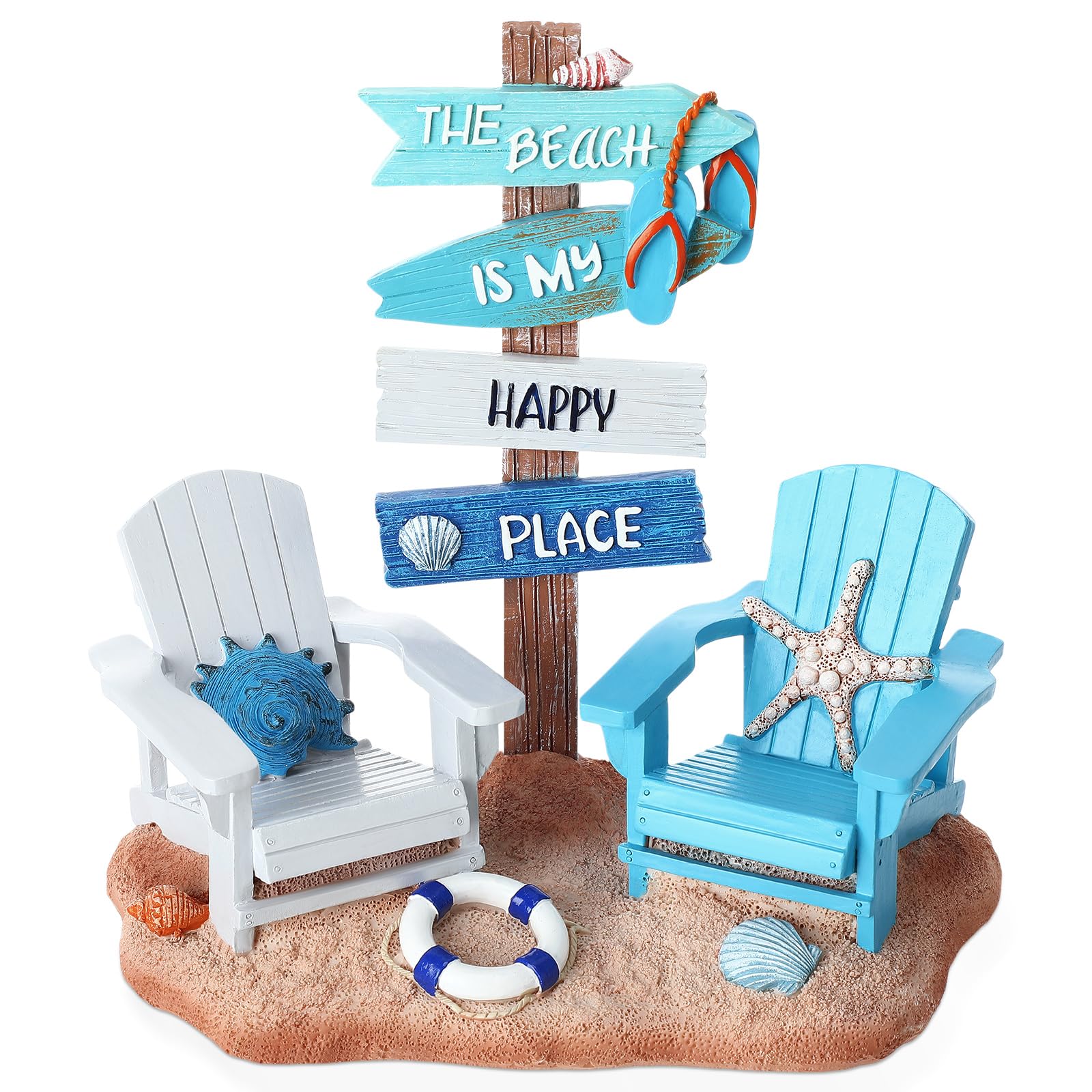 Photo 1 of ***broken sign***Wonderjune Beach Chair Resin Figurine 7x7 Inch Nautical Summer Decor with Adirondack Chairs and Sign Blue Beach House Tabletop Decoration for End Table Mantle or Housewarming Gift(Coastal)