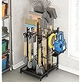 GILLAS Garden Tool Organizer for Garage, Utility Storage Racks with Hooks, Metal Yard Tool Stand Holder Organizer for Long-Handled, Broom, Shovel, Rake, Sturdy Heavy Rack for Outdoor, Yard, Black