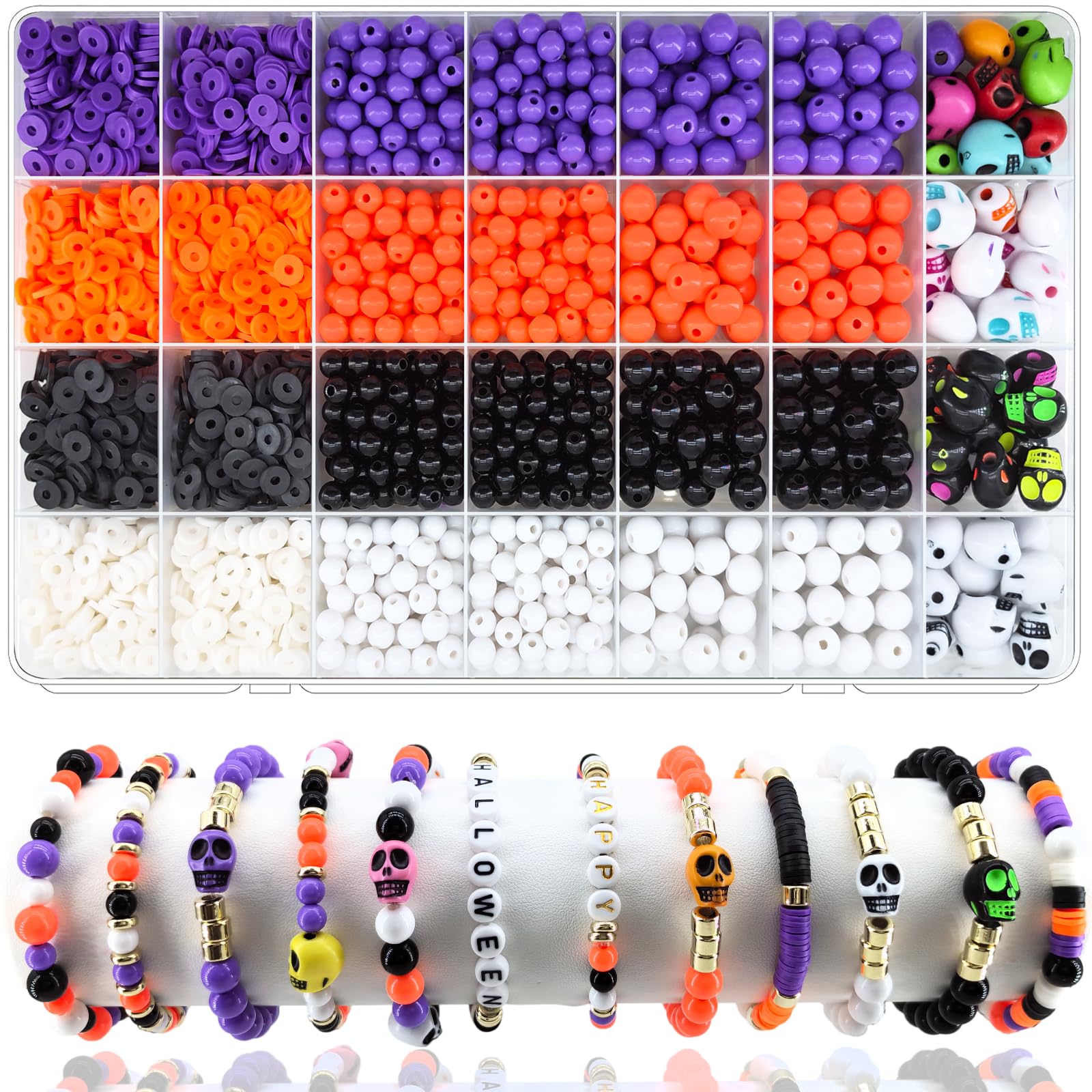 Photo 1 of 2480Pcs Halloween Beads for Jewelry Making, Halloween Bracelet Making Kit Skull Beads Polymer Clay Beads Heishi Beads 6mm 8mm Black White Orange Purple Round Beads for Bracelets Necklace Charm