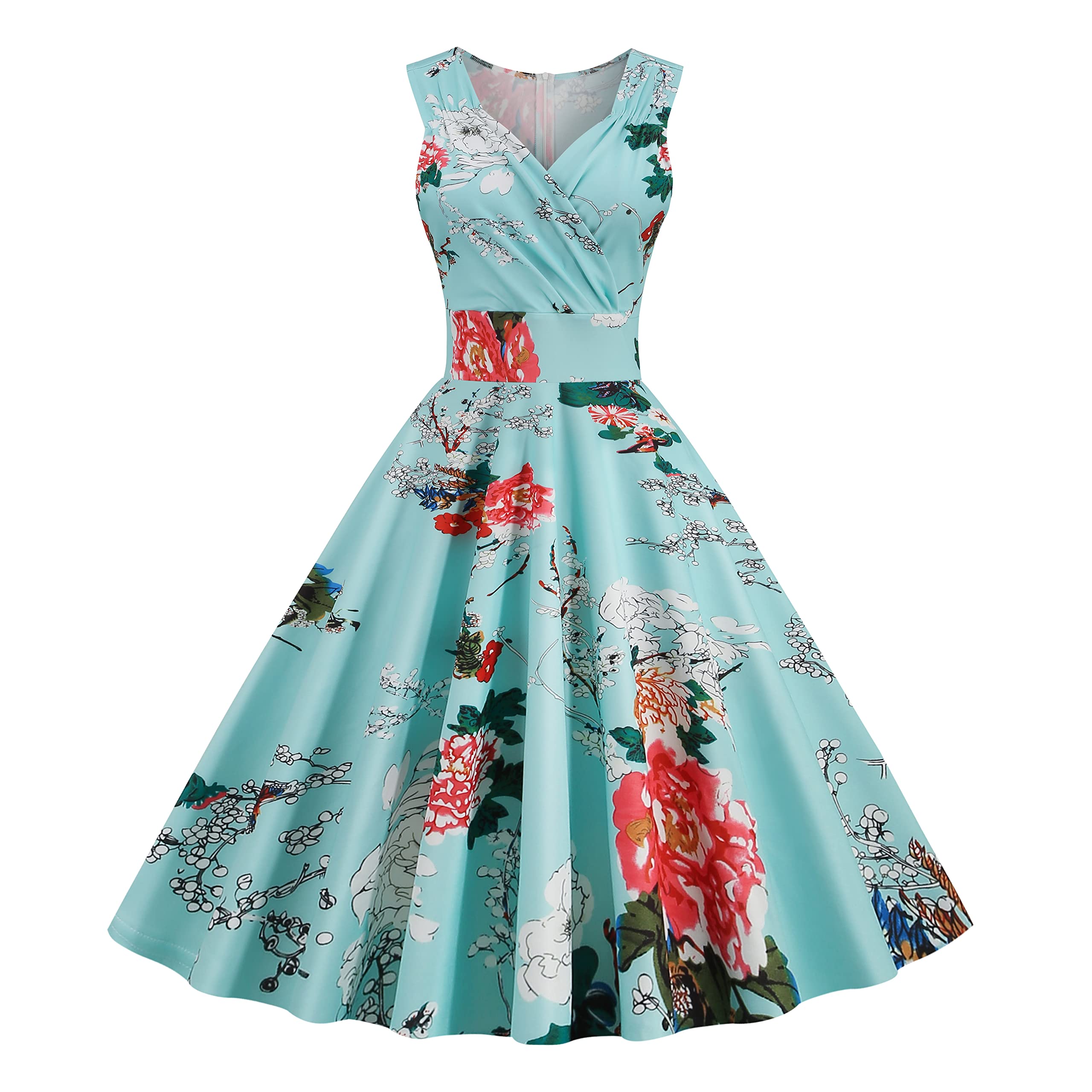 Photo 1 of 2023 Womens Summer Wrap Sleeveless Sundress Dress V-Neck Floral Summer Party Dress Light Blue