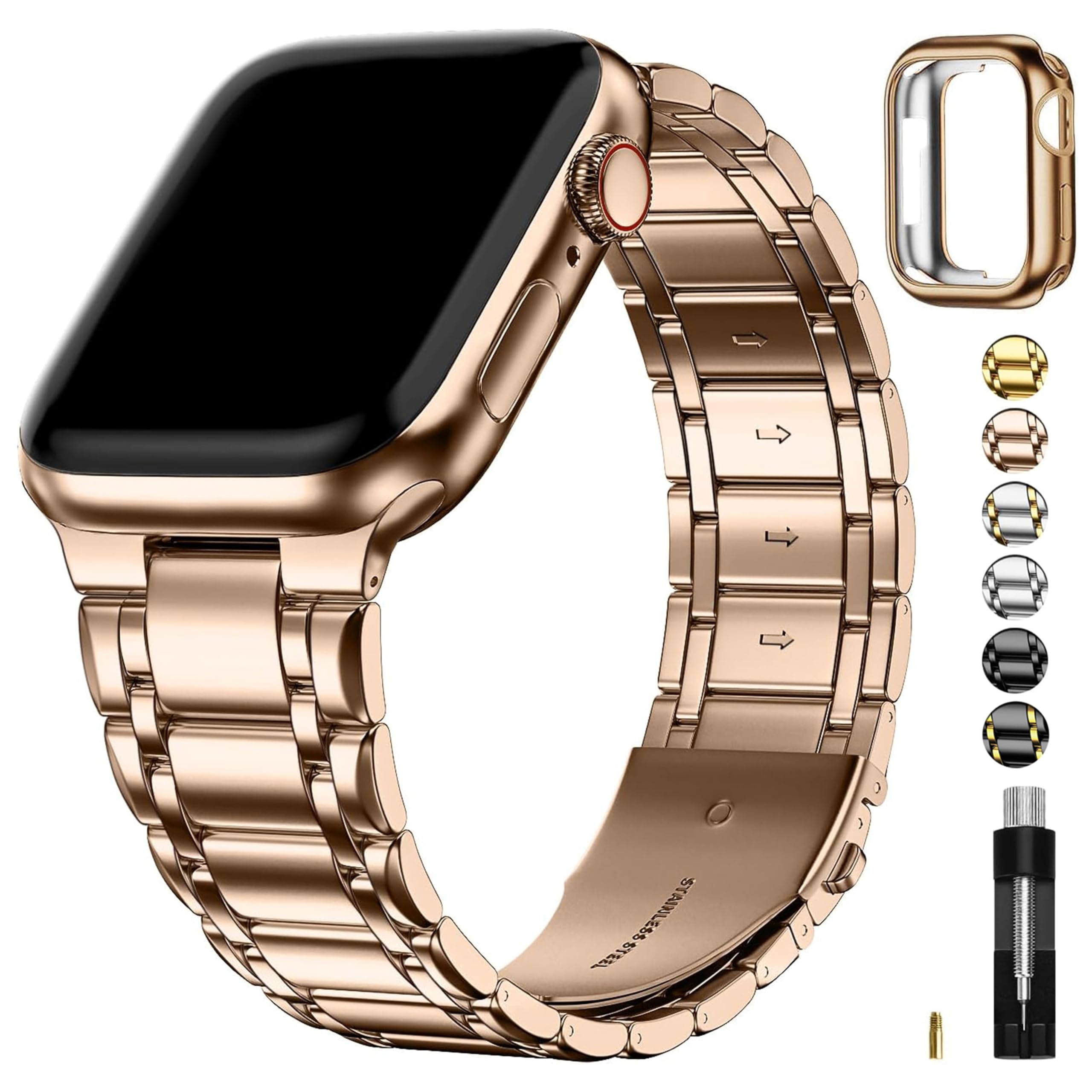 Fullmosa Bands Compatible with Apple Watch Band 45mm 44mm 42mm, Stainless Steel iWatch Band with Case for Apple Watch Series 9 8 7 6 5 4 3 2 1 SE3/2/1, Rose Gold Image