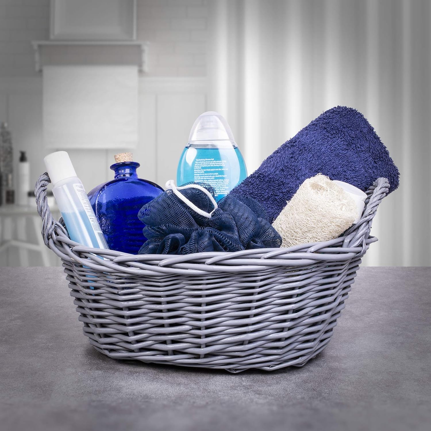 Woodluv Hand Made Oval Storage Hamper Wicker Basket With Handles - Grey, 33cm x 33cm x 13cm - Image 5