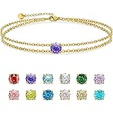 Rose Cut Diamond Womens Birthstone Bracelet Waterproof– 14K Gold Plated Dainty Stainless steel Double Chain Adjustable Bracelet – Minimalist Jewelry Gift for Birthday, Anniversary, Graduation