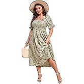 KOJOOIN Womens Puff Sleeve Summer Floral Dress Plus Size Smocked Ruffle Square Neck Casual Dress Cute Midi Dress