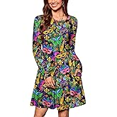 ALIREVERIE Women's Mardi Gras Carnival Long Sleeve Beaded Mask Dress with Pockets