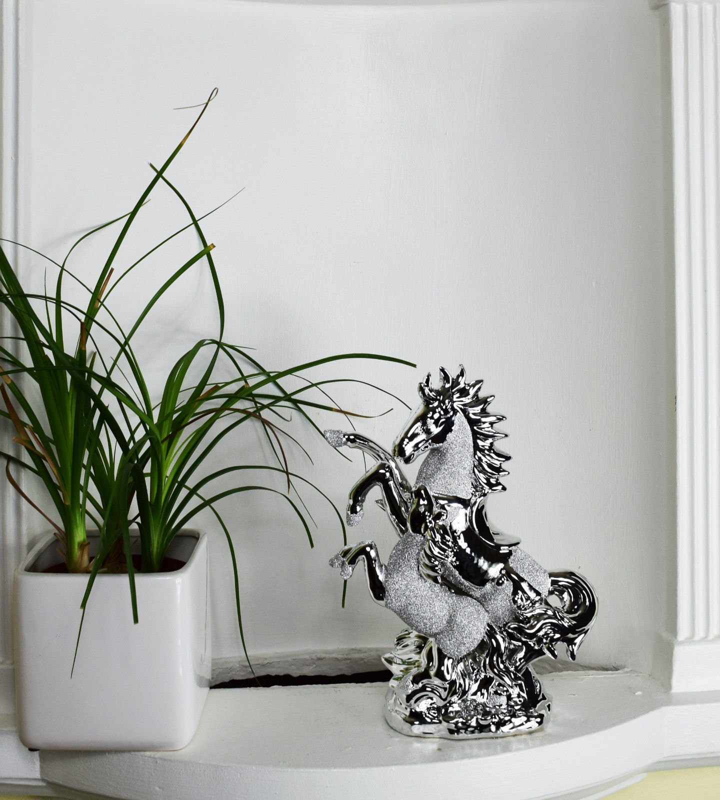 ITALIAN CHROME HORSE WITH FOAL HOME DECOR ORNAMENT 25CM TALL GIFT- SILVER