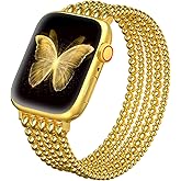 fastgo Gold Beaded Bracelet Band Compatible with Apple Watch Band 41mm/40mm/38mm/44mm/45mm/42mm/49mm Women, Dressy Elastic Stretchy Beaded Strap for Iwatch Series 9 Ultra 8 7 6 5 4 3 2 1 SE(Gold)