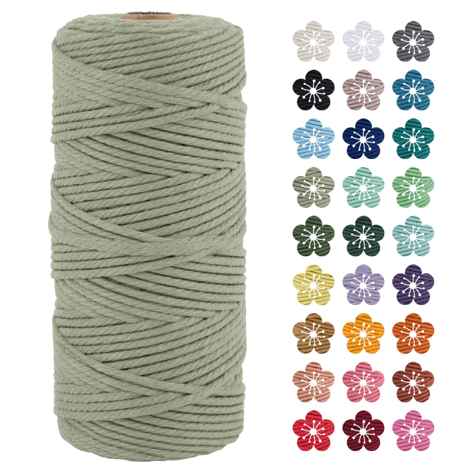 LEREATI Macrame Cord 3mm x 100m, Thick Macrame Rope Natural Cotton Rope Craft String, 4 Strand Twisted Cotton Cord Yarn for DIY Plant Hanger, Wall Hanging, Christmas Decoration (Bean green)