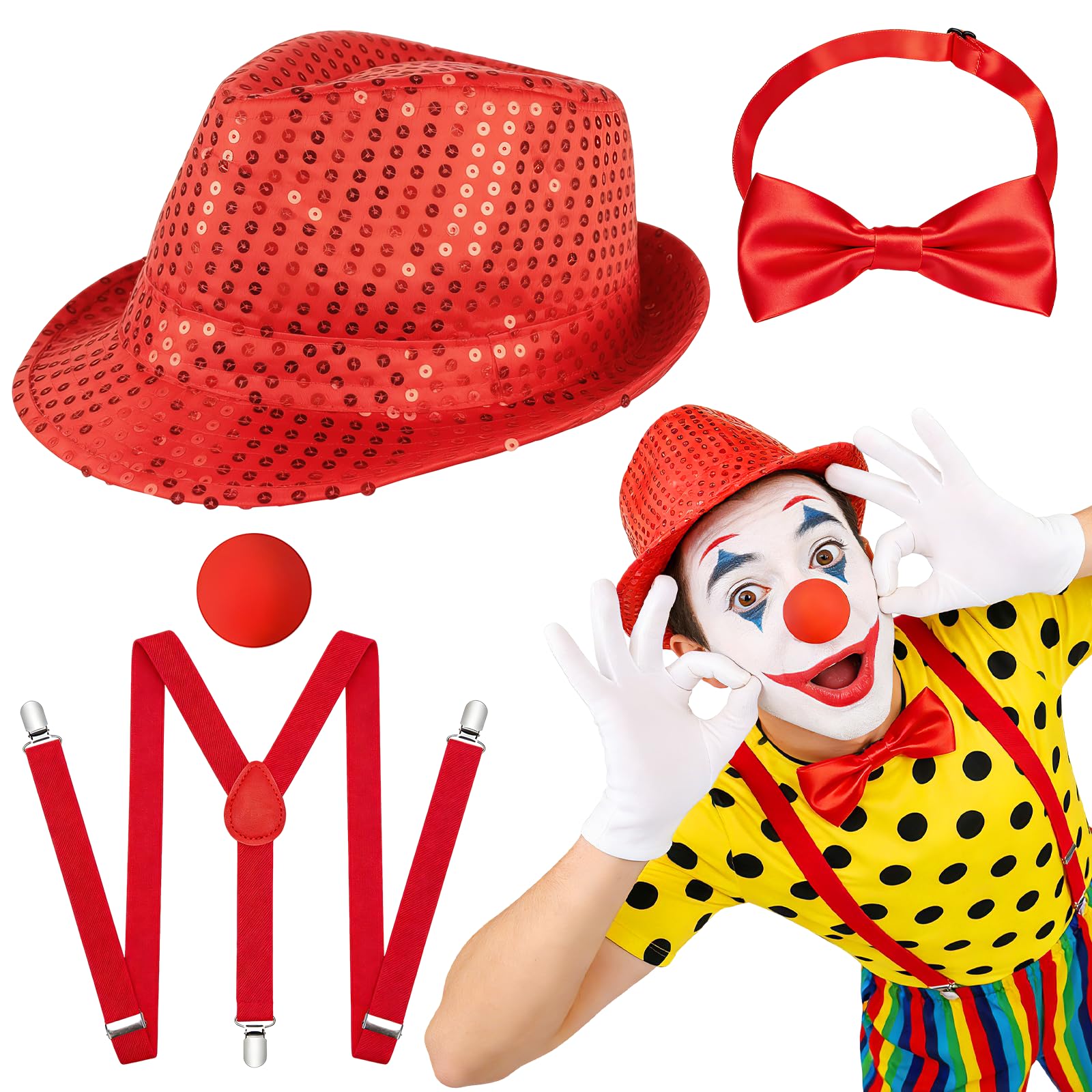 Kyndara 4Pcs Red Nose Fancy Dress Set for Adult, Red Nose Costume Accessories Kit with Shiny Top Hat Bow Tie Suspenders for Themed Event Cosplay Props