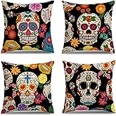 MEHOFOND Dia De Los Muertos Pillow Covers 18x18 Set of 4 Sugar Skull Throw Pillow Cover Mexican Fiesta Decor Day of The Dead Linen Cushion Case for Sofa Couch