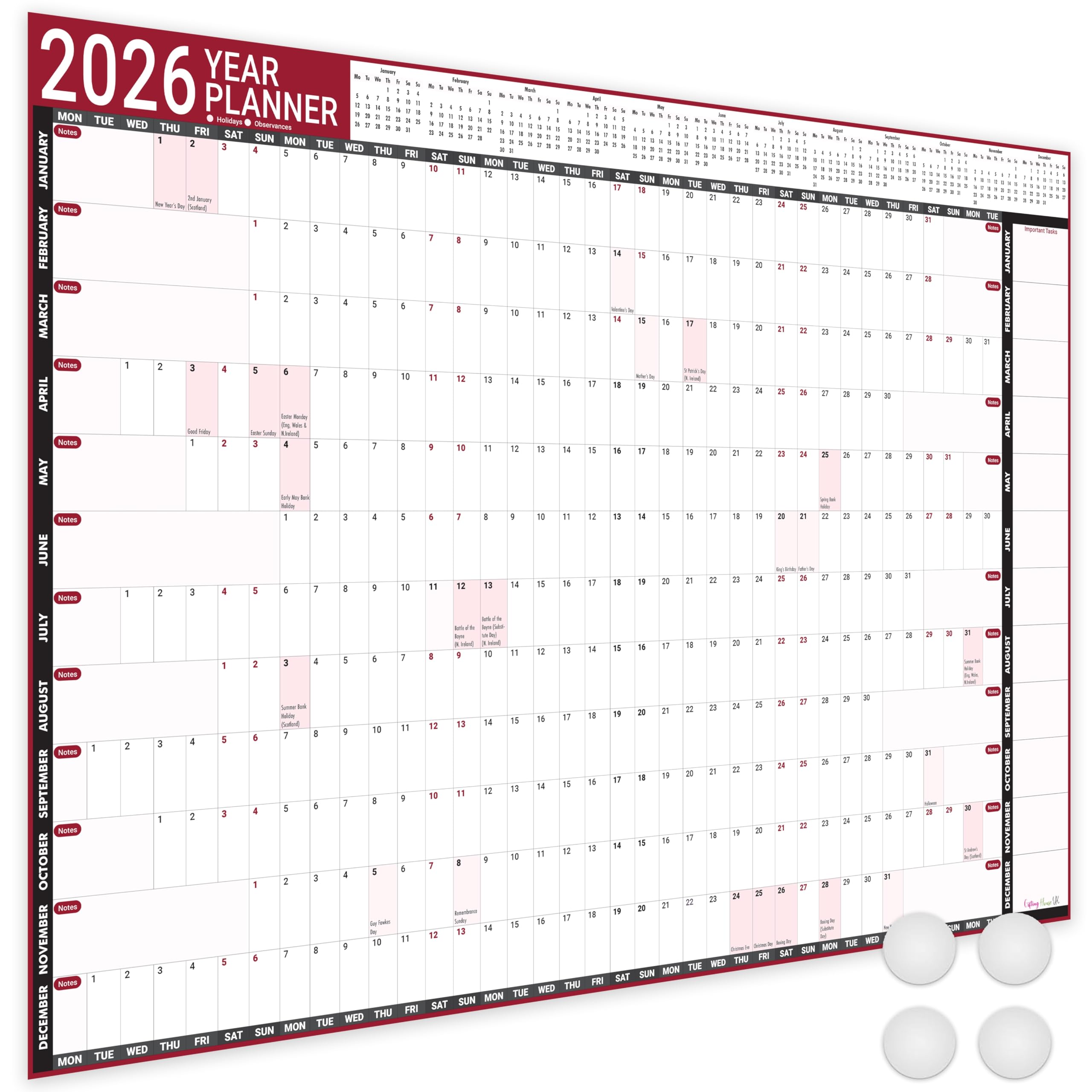 2026 Wall Planner A1/A2/A3 Laminated - Full Year Wall Planner 2026 UK - Wall Calendar 2026 with mount stickers for academic, office, home and school by (59.4 x 84.1 cm) - A1 size.