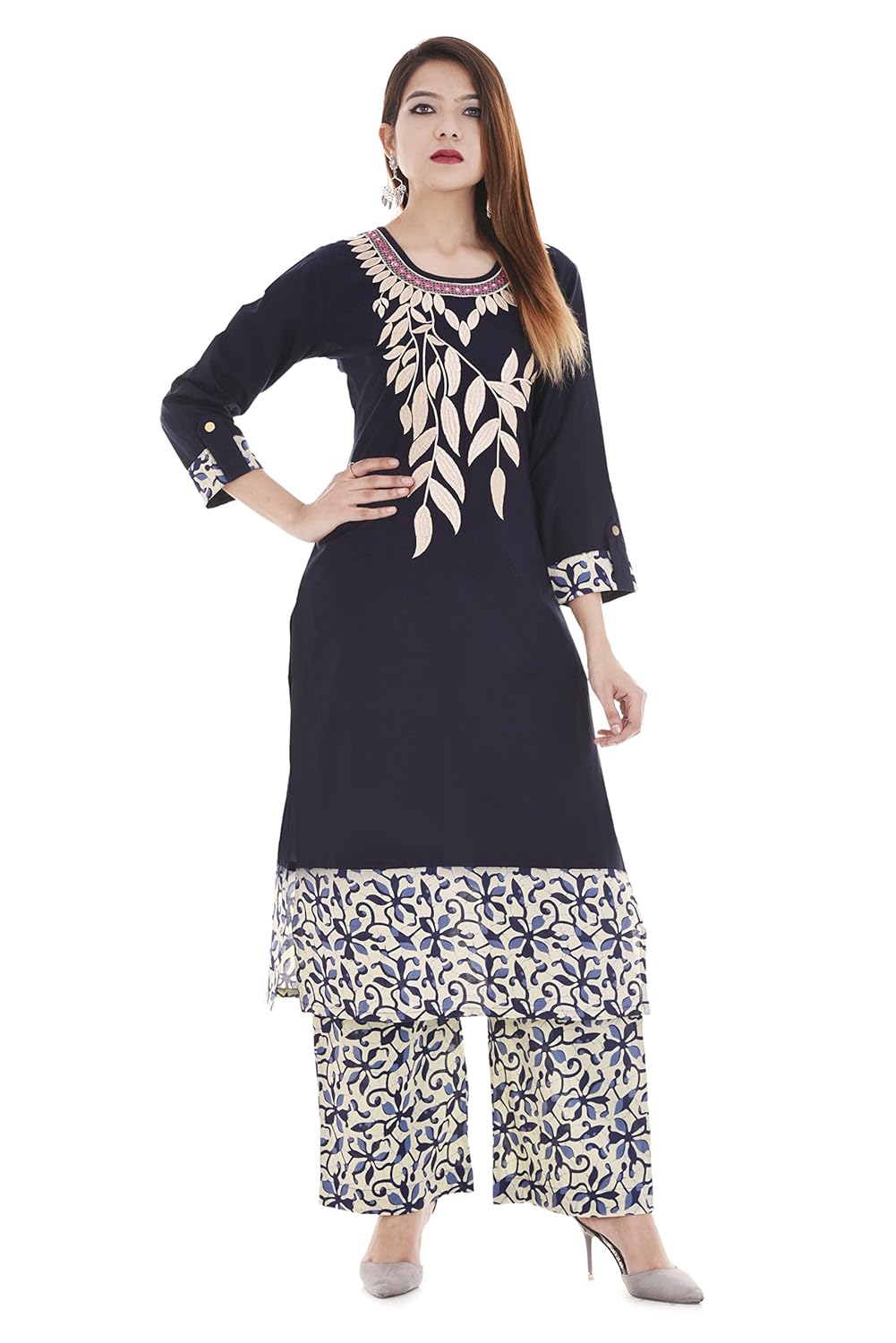 rajmandirfabrics women's cotton embroidered kurti with printed palazzo (pk1015567_blue)