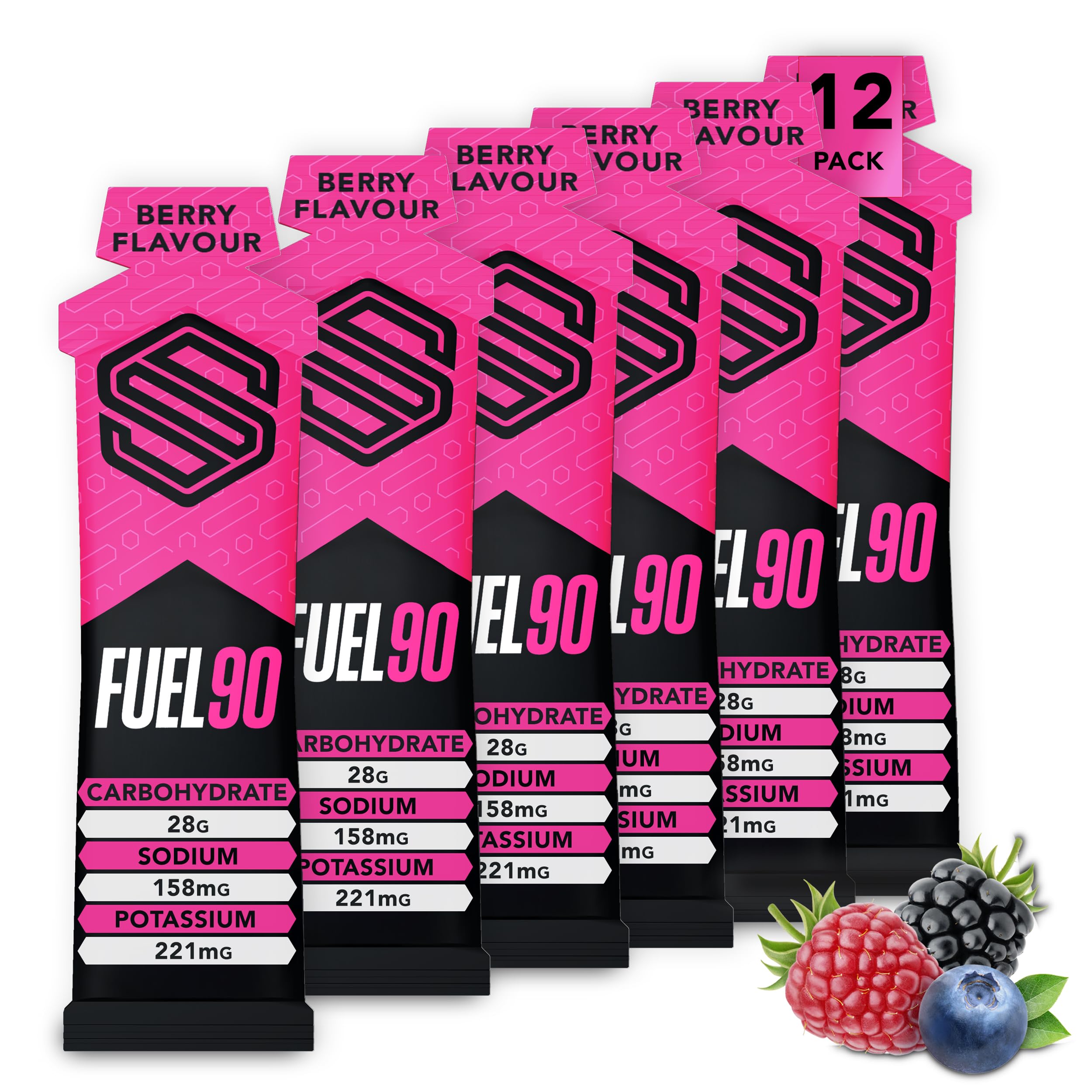 Soccer Supplement Fuel90 Quick Release Energy Gels (12 Pack), Sports Gels with Carbohydrates and Electrolytes (Mixed Berry)