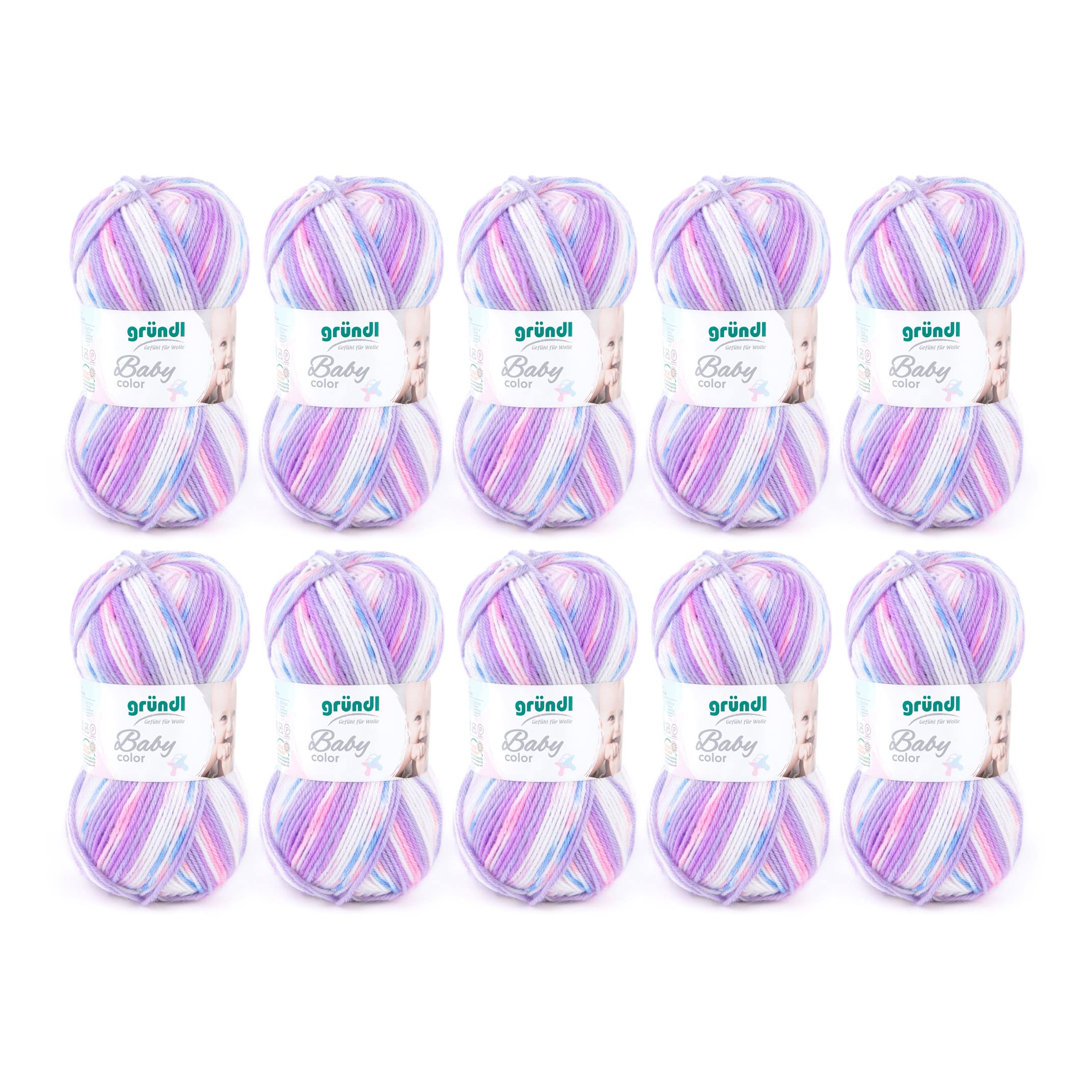 Gründl Baby Color (knitting and crochet yarn with a wool-like character made of 70% polyacrylic and 30% polyamide, 50 g / 150 m, needle size: 3.5-4.5mm, 10 x 50 g), Lilac Multicolour