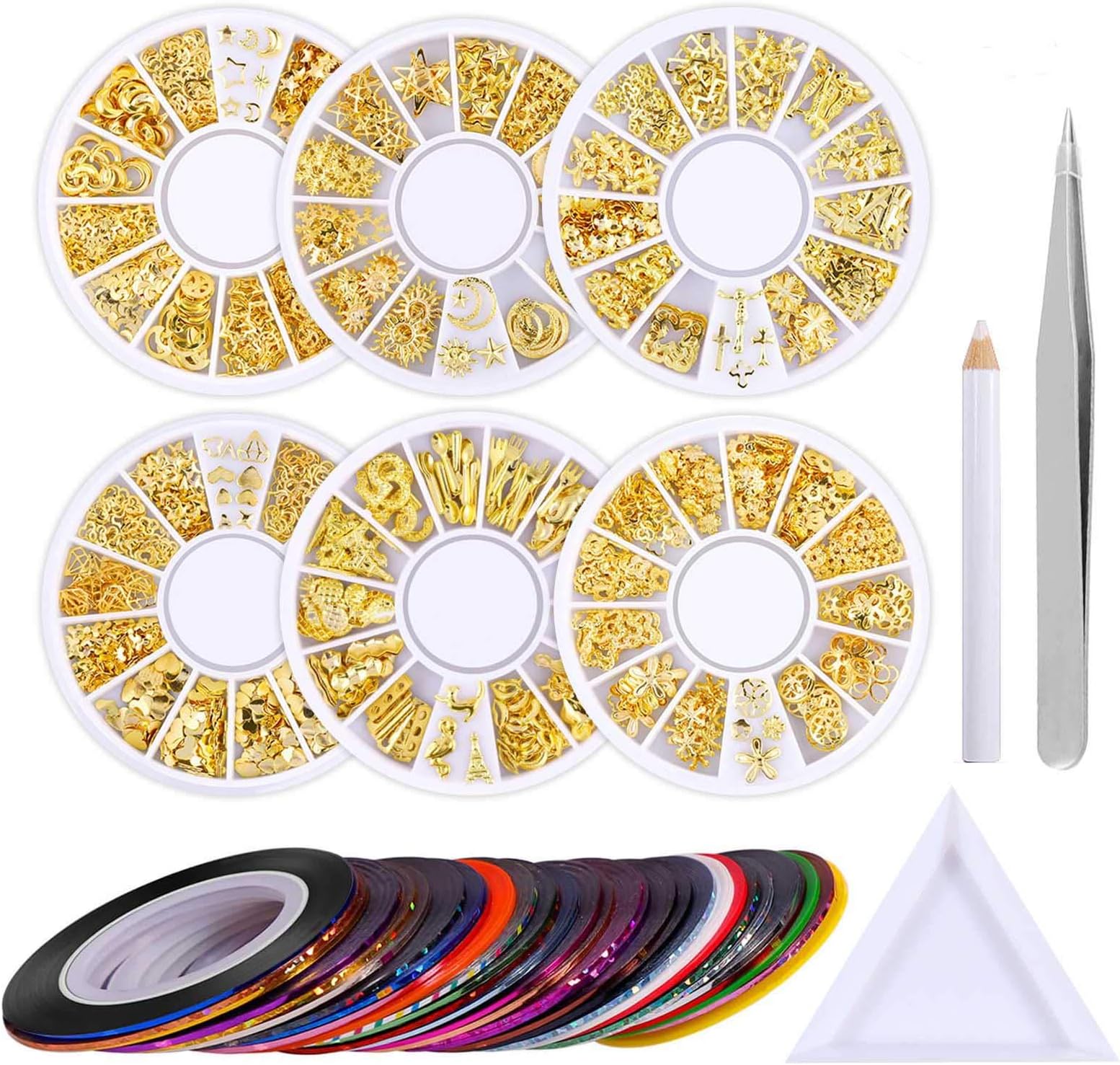 6 Pcs Nail Crystals Rhinestones for Nail Art Decorations Professional Nail Kit With Tweezers-Rhinestone Picker Pencil and 10 Pcs Nail Art Striping Tape