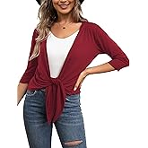 VOIANLIMO Women's Tie Front Casual 3/4 Sleeve Cropped Bolero Lightweight Sheer Shrug Cardigans S-XL