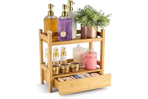 Sorbus Bamboo Bathroom Counter Organizer – 2-Tier Shelf with Hidden Drawer for Vanity, Matcha Station, Bathroom Sink Organizer Countertop, Kitchen & Office Storage (13″ L x 6.5″ W x 12.6″ H)
