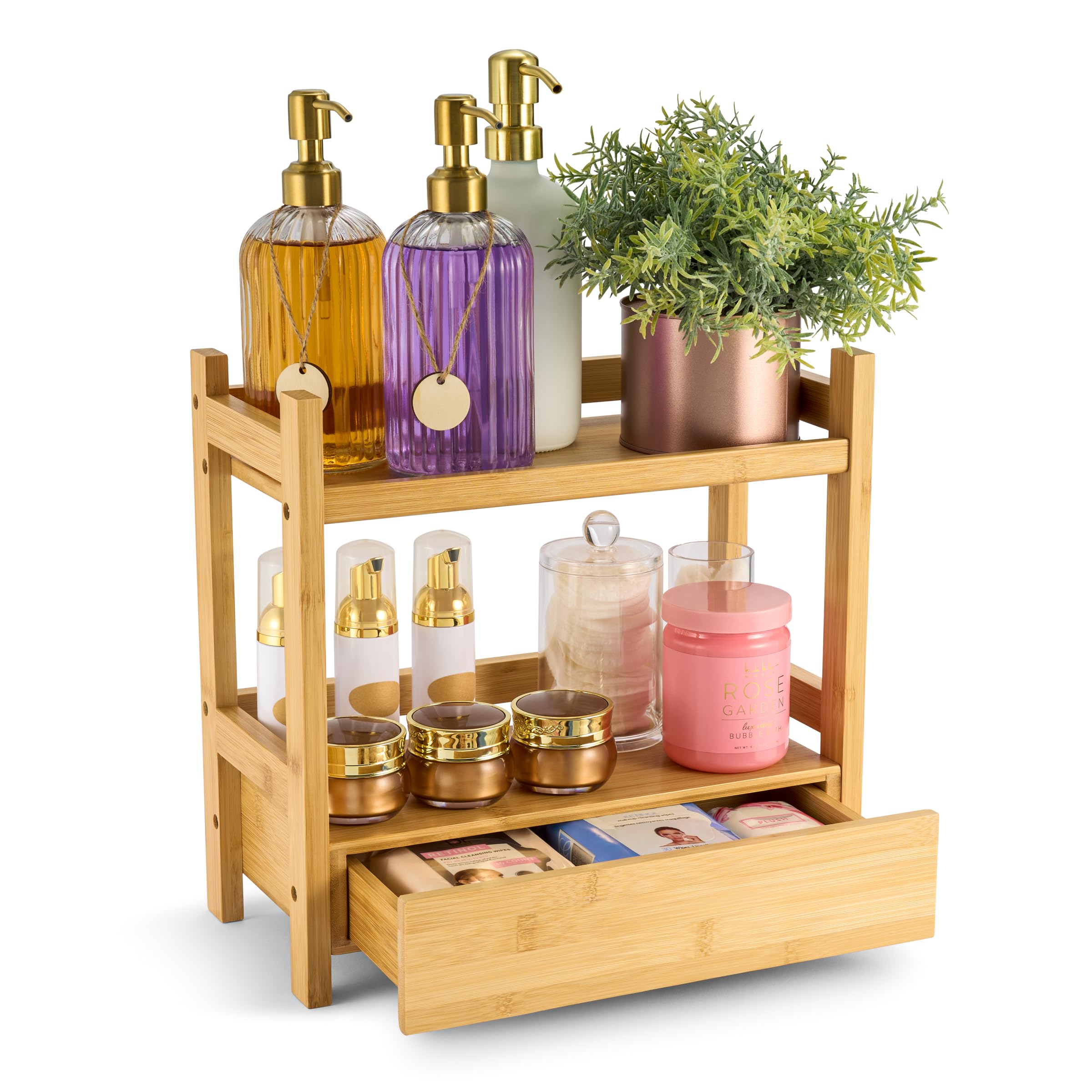 Photo 1 of Sorbus Bamboo Bathroom Counter Organizer – 2-Tier Shelf with Hidden Drawer for Vanity, Matcha Station, Bathroom Sink Organizer Countertop, Kitchen & Office Storage (13??L?x?6.5??W?x?12.6??H)