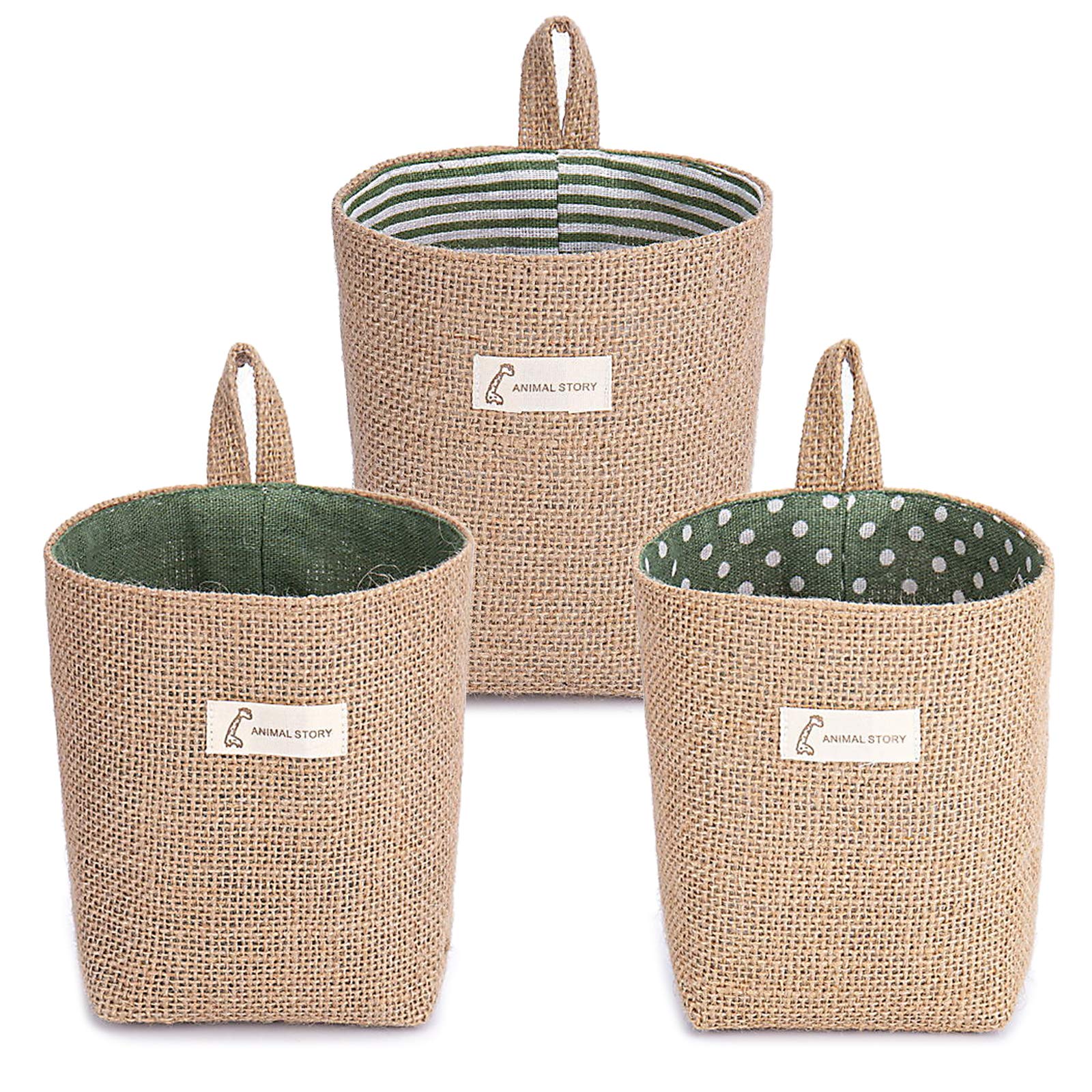 Besylo Cotton and Linen Storage Basket, 3pcs Foldable Linen Storage Box, Hanging Storage Bag, for Toys, Makeup, Small Affairs, Keys, Toilet Paper, Potted Plants