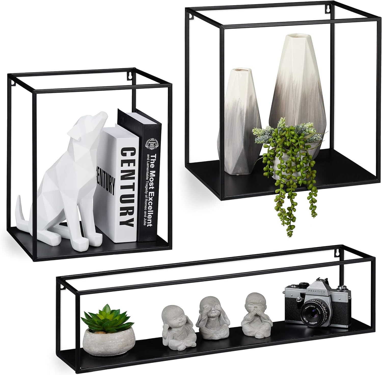 Relaxdays Étagère Murale Cube métal, Lot de 3, Plateau Flottant carré