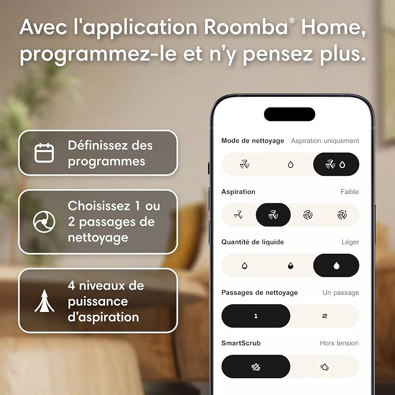 Roomba 115 Combo - Robot Aspirateur Laveur 2en1 - Puissance d'Aspiration de 15KPa - Brosse latérale étendue - Lingette de Lavage déportée - Navigation LiDAR - Blanc