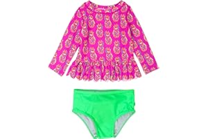 RuffleButts Baby/Toddler Girls Scalloped Long Sleeve Rash Guard 2-Piece UPF50+ Sun Protected Swimsuit