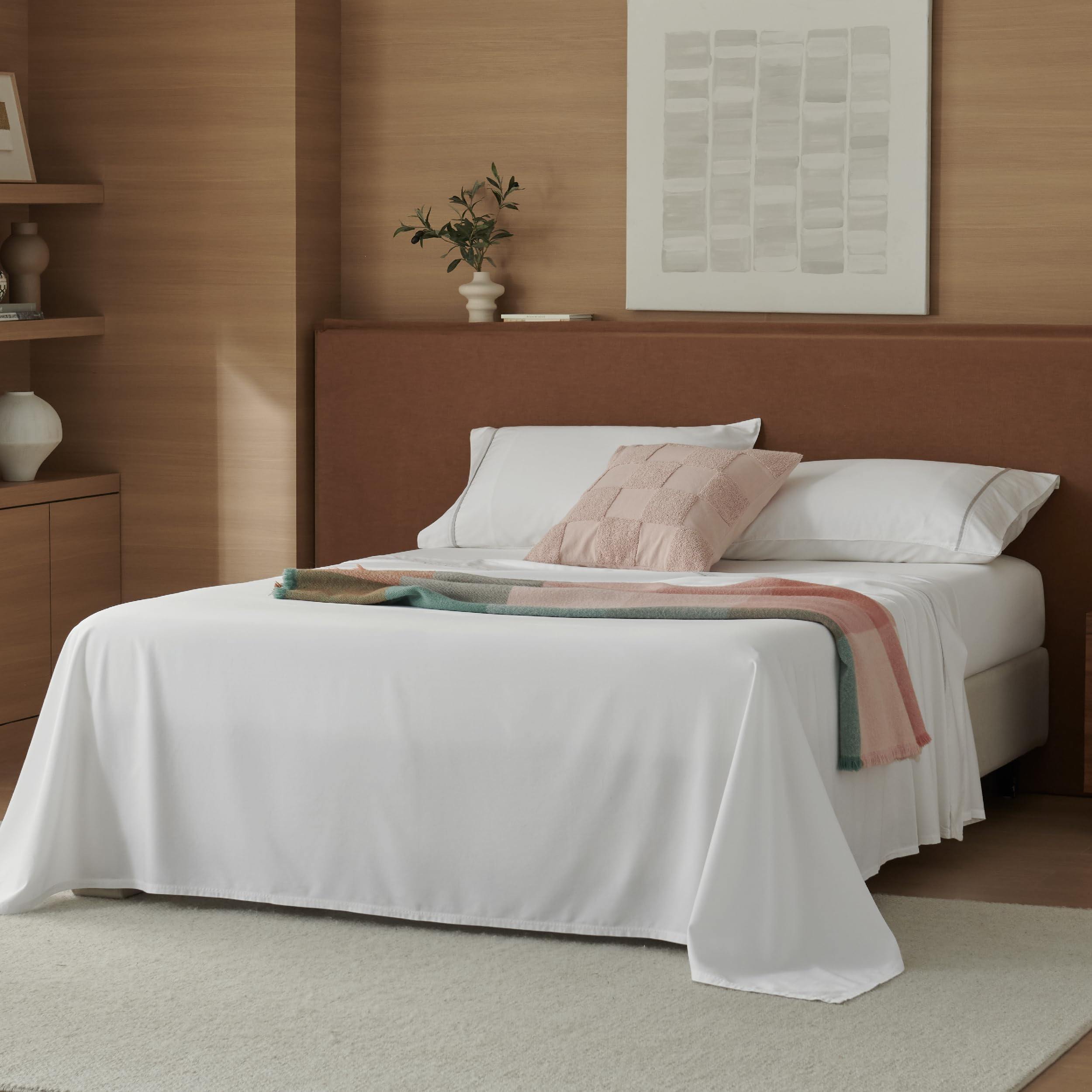 Photo 1 of Double Stitch Cotton Tencel Sheet - Bed Sheets Set King Size, 4Pc Luxury Hotel Bedding Set, Soft, Cooling & Breathable for Hot Sleepers, Deep Pocket Up to 16 Inches, Bright White Contrast