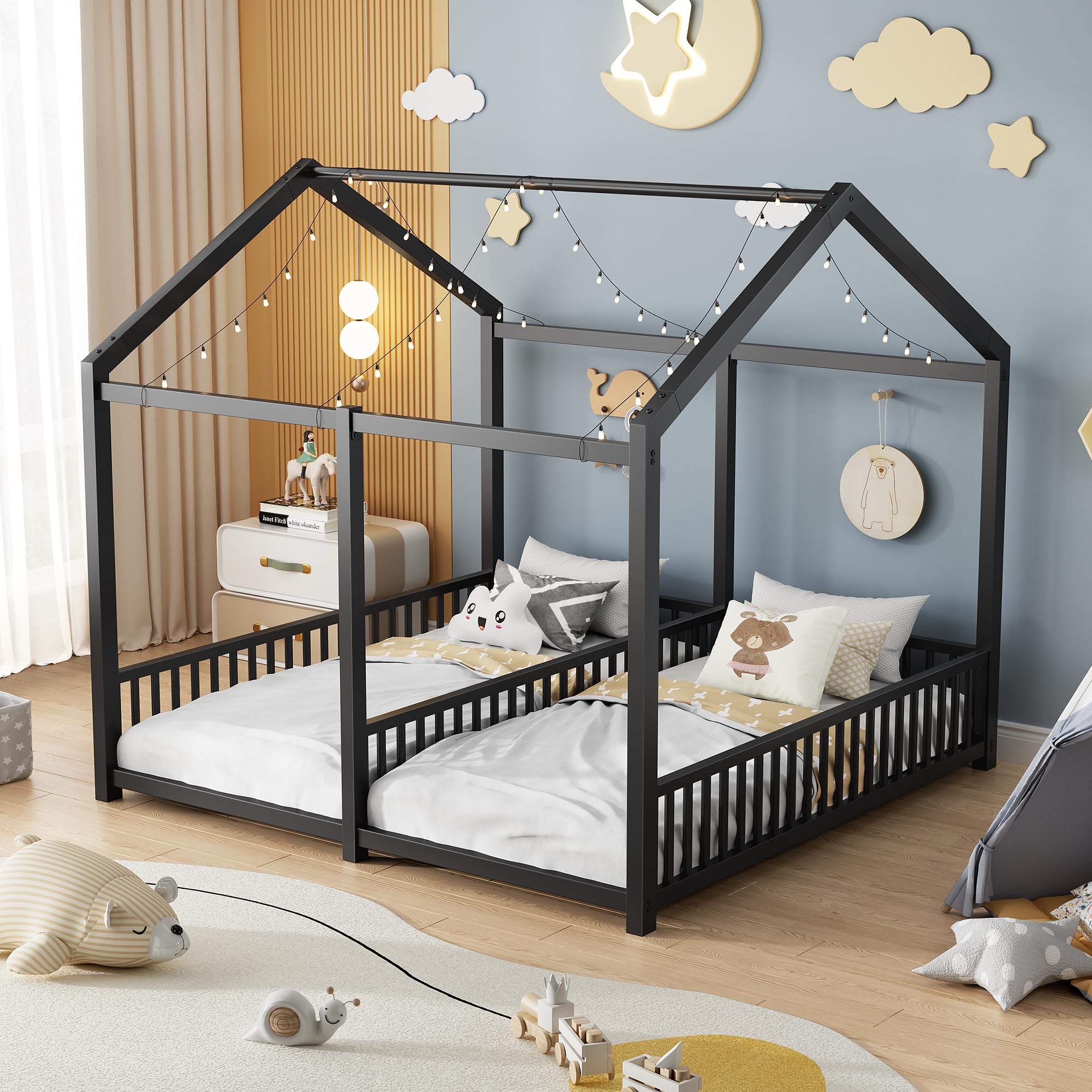 Photo 1 of PVWIIK Double Montessori Floor Bed with Fence & Roof for Two Kids Teens Boys Girls,Twin Floor Bed,Easy Assemble,No Box Spring Needed, Black