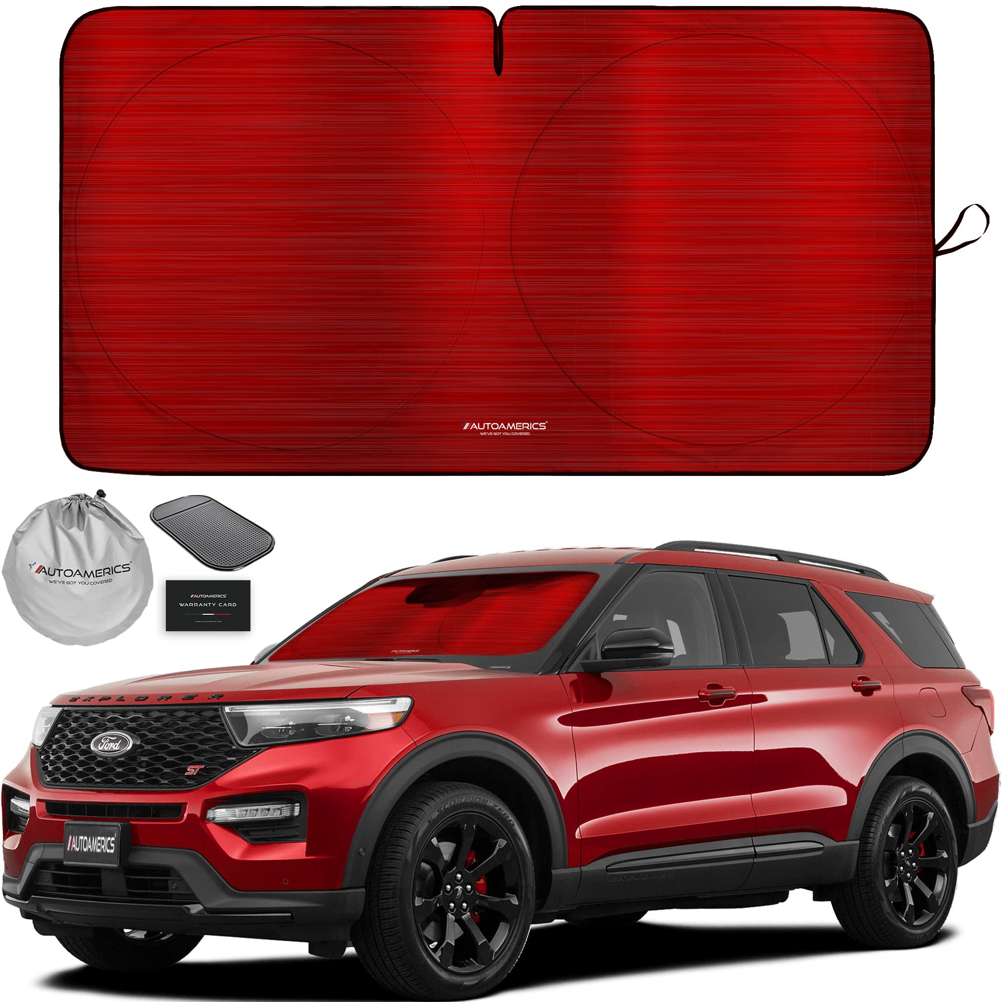 Photo 1 of Autoamerics 1-Piece Windshield Sun Shade - Metallic Red Foldable Car Front Window Sunshade for Most Cars SUV Truck Heat Blocker Visor Protector Blocks Max UV Rays and Keeps Your Vehicle Cool - Medium