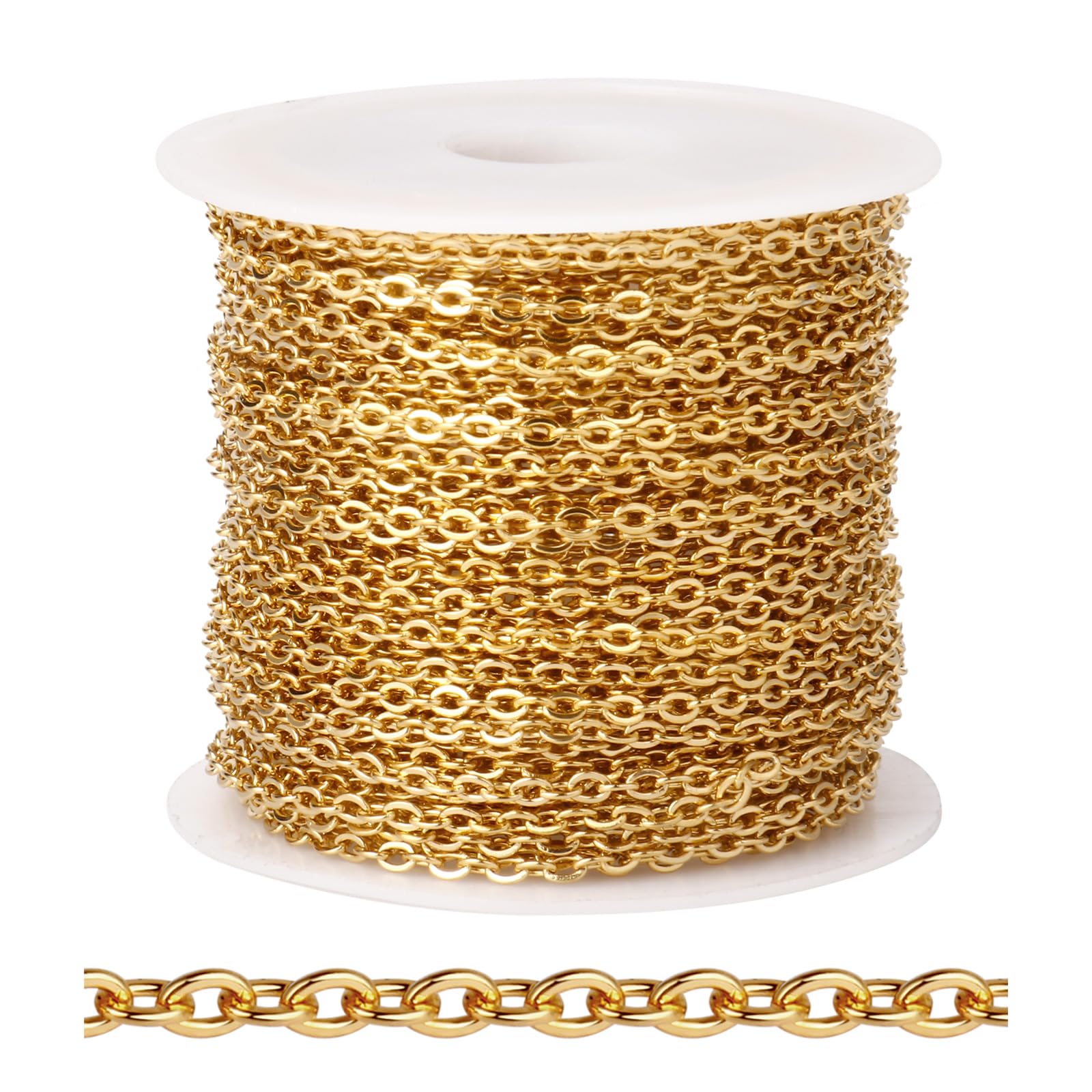 Photo 1 of [33 FT] 18K Gold PVD Plated Cable Chains Bulk for Jewelry Making, 2mm 304 Stainless Steel Flat Cable Link Chains Roll Spool for Jewelry Making DIY Craft