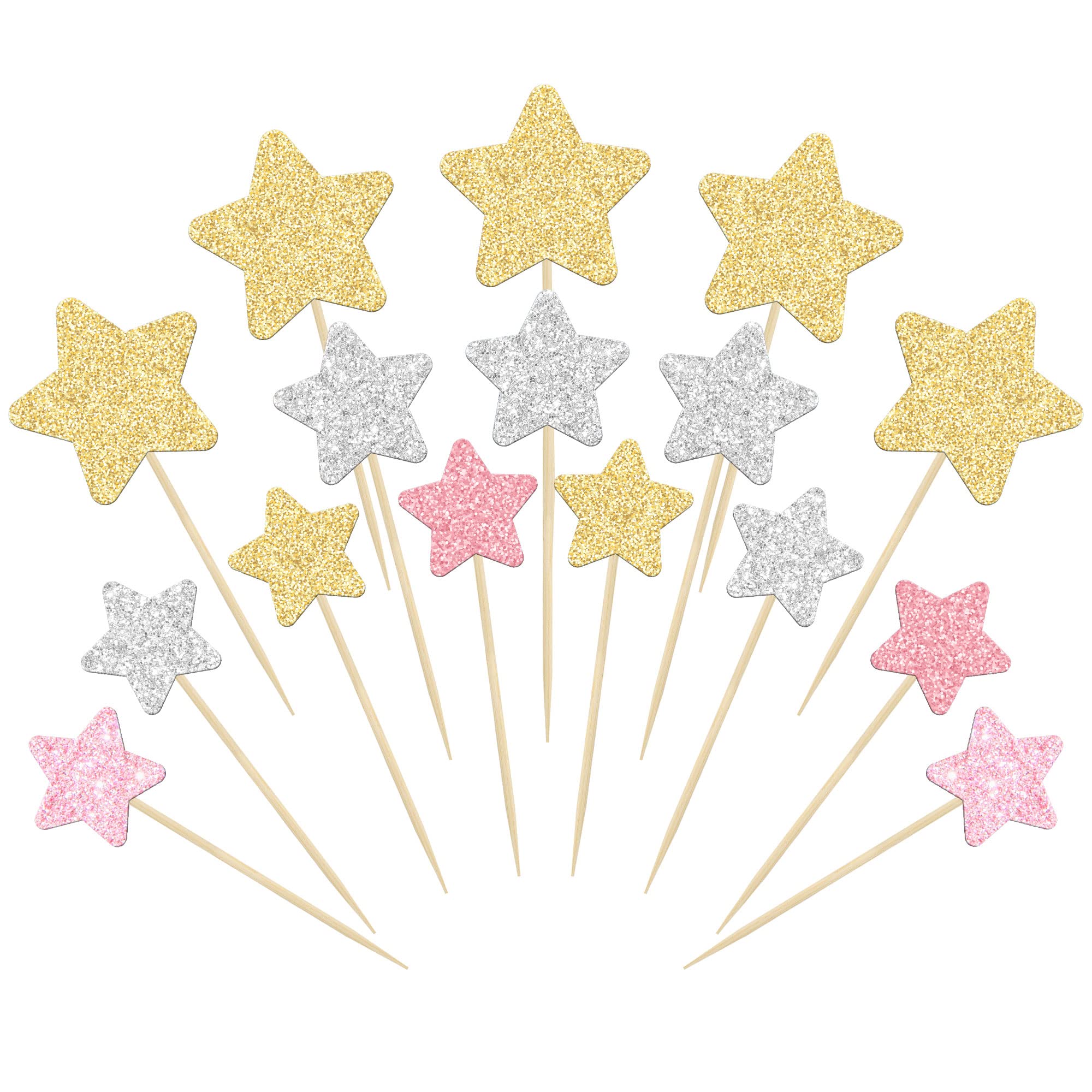 Gyufise 42Pcs Star Cupcake Toppers Gold Silver Pink Glitter Assembled Twinkle Star Cupcake Picks Wedding Engagement Bridal Shower Birthday Party Cake Decorations Supplies Mixed Size