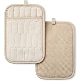 MARTHA STEWART Honeycomb Quilted Chambray Pot Holder 2-Pack Set, 100% Cotton, Flexible Non-Slip Silicone Grip, Heat Resistant, Natural, 7"X10"