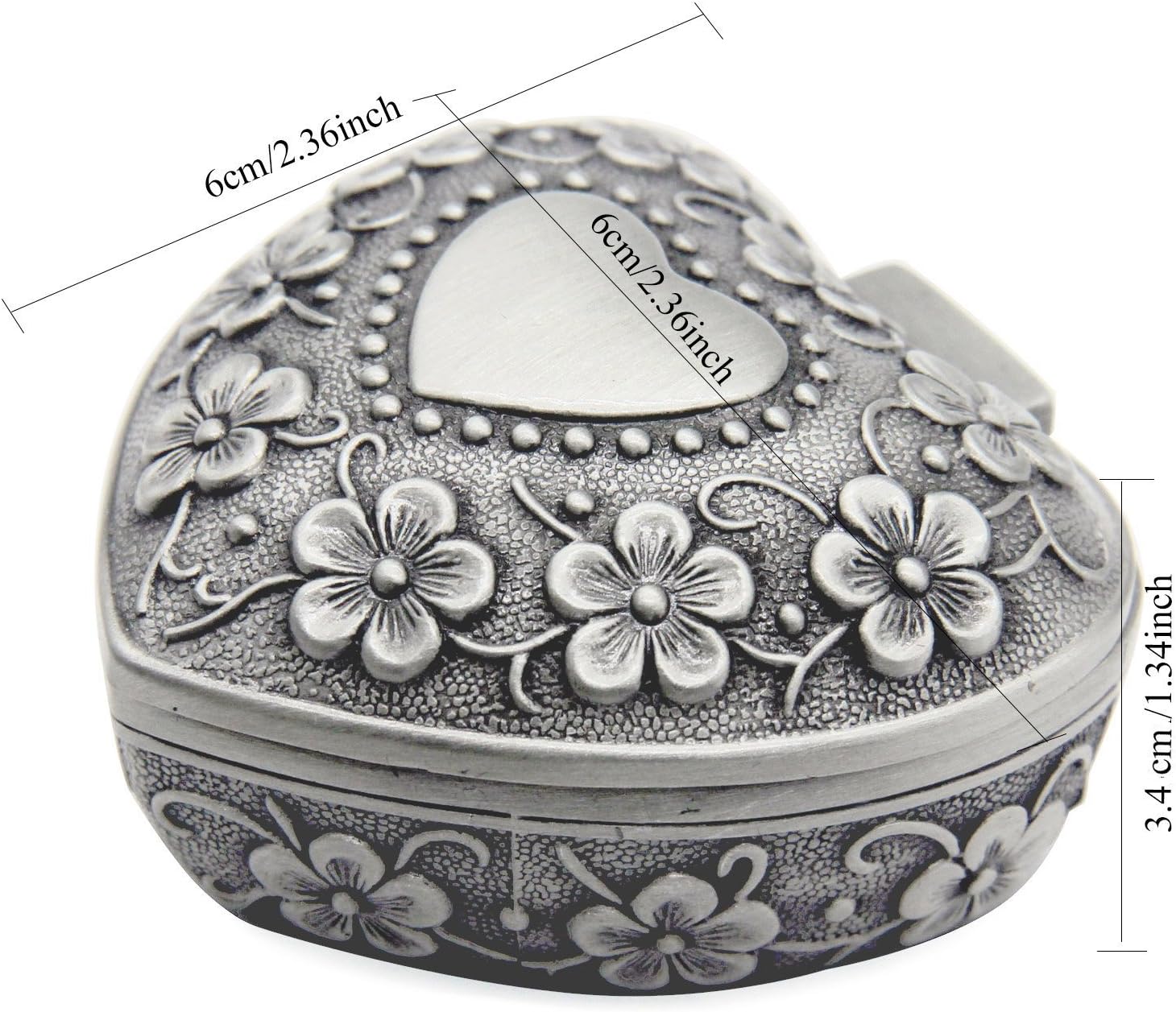 AVESON Classic Vintage Antique Heart Shape Jewelry Box Ring Small Trinket Jewellery Storage Organiser Chest Gift for Girls Ladies Silver - Image 4