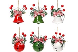 MACLARONX Christmas Jingle Bells, 2.2" Metal Decorative Bells Star Cutouts Xmas Tree Ornaments for Wreath Holiday Crafts Rustic Home Hanging Decor, Big Size, Red White Green (Mix 6 Pcs)