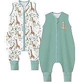 Chilsuessy Toddler Sleep Sack with Feet 6-18 Months, 1.0 TOG Cotton Baby Wearable Blanket with Legs, Sleep Bag Walker with 2-Way Zipper, Green + Giraffe