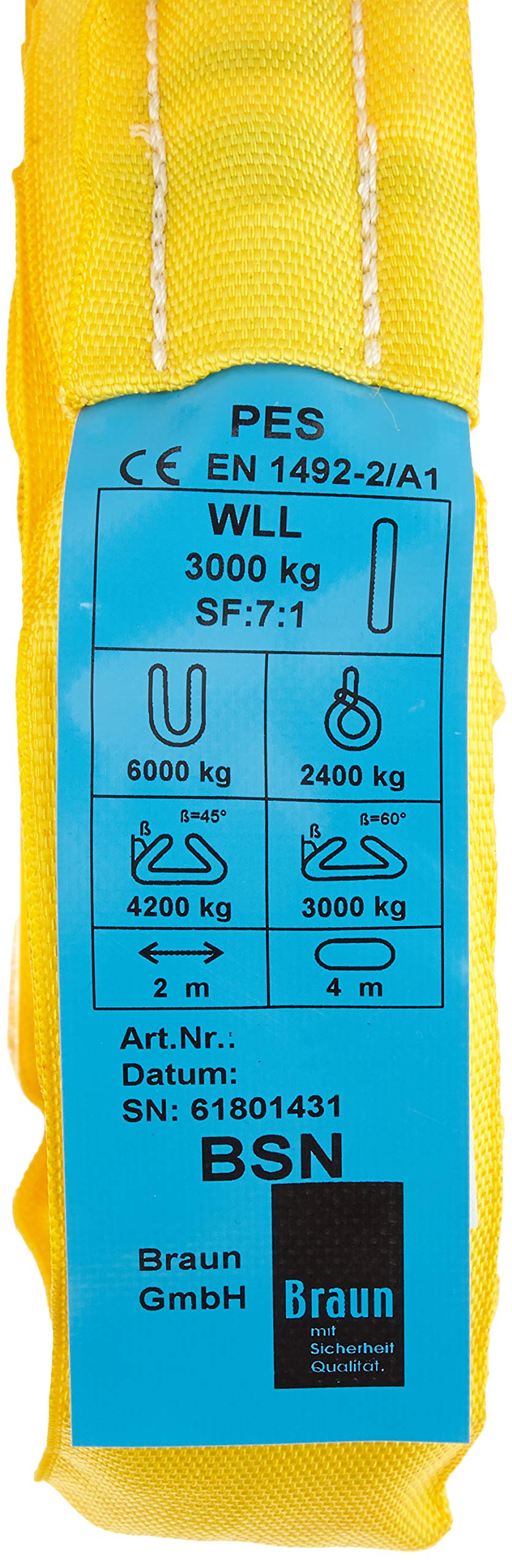 Braun 30041RS Recovery Strap Loop 3000 kg Load 2 m Usable Length Continuous with Polyester Core Yellow