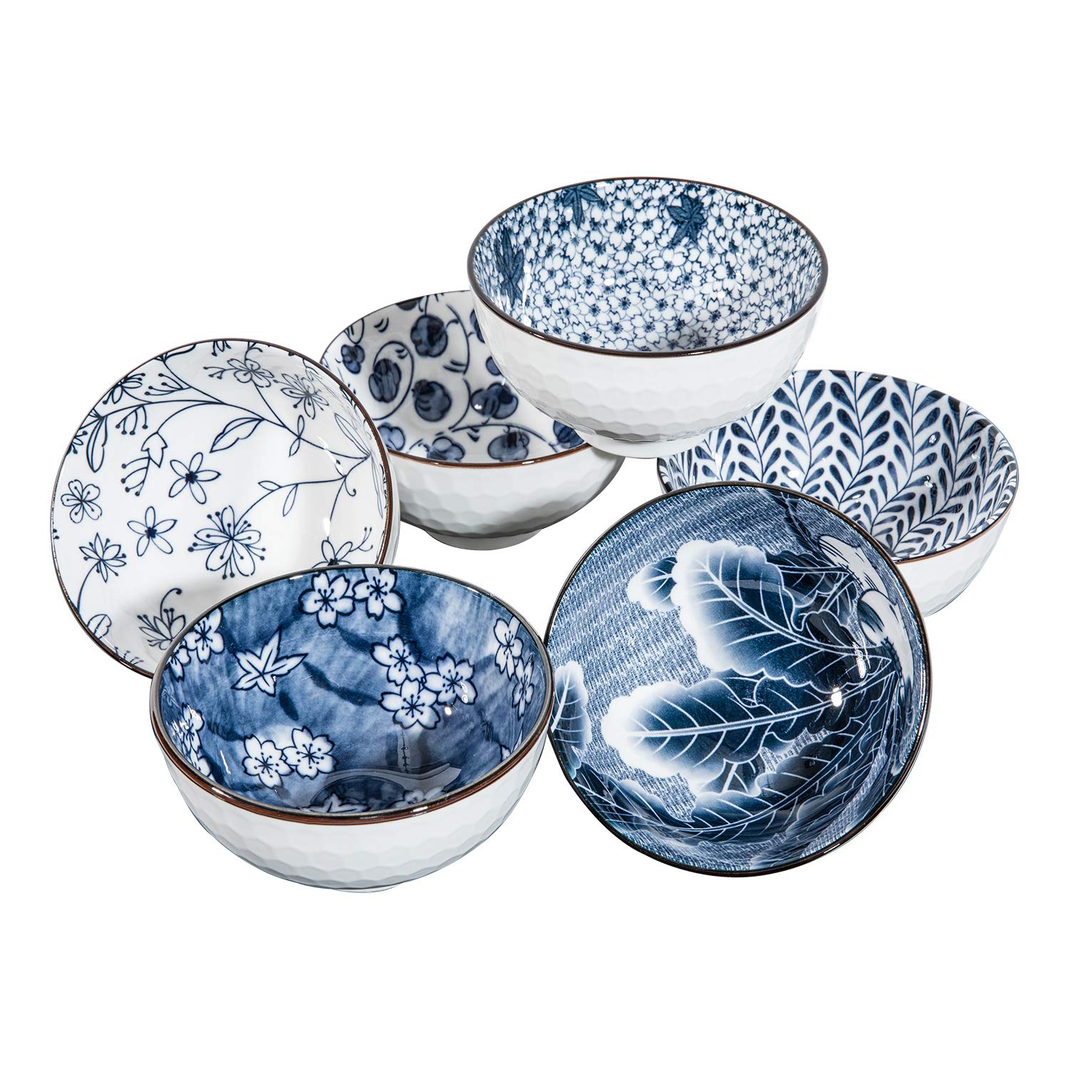 Swuut Japanese Style Ceramic Cereal Bowls,24 Ounces Salad,Soup,15cm Rice Bowl Set of 6,Blue and White Microwave Safe(6 inch)