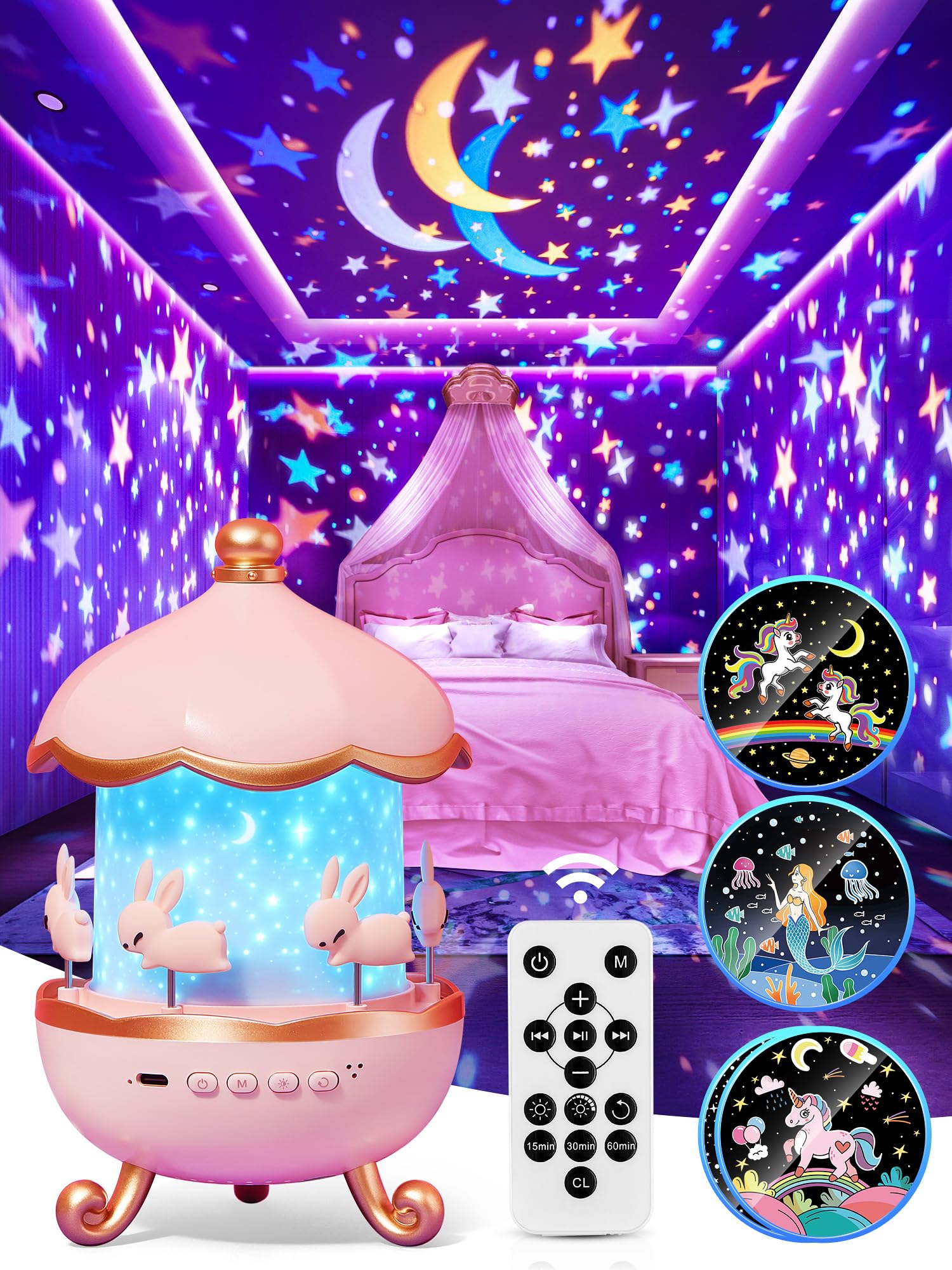 Photo 1 of *******Missing Parts************Carousel Night Light for Kids, 15 Music+15 Films+315 Colors Star Projector for Kids Night Light Projector,360°+Remote+1200mah Unicorn Toys for Girls Room Decor, Valentines Gifts for Kids, Girls, Baby