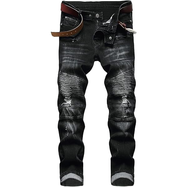 XIMINGSHI Men's Biker Slim Fit Ripped Jeans with Zipper