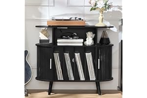 LELELINKY Large Round Record Player Stand with Charging Station & Fluted Display Shelf, Black Mid Century Modern Turntable Cabinet with Vinyl Storage, Arched Wood Record Player Table for Living Room