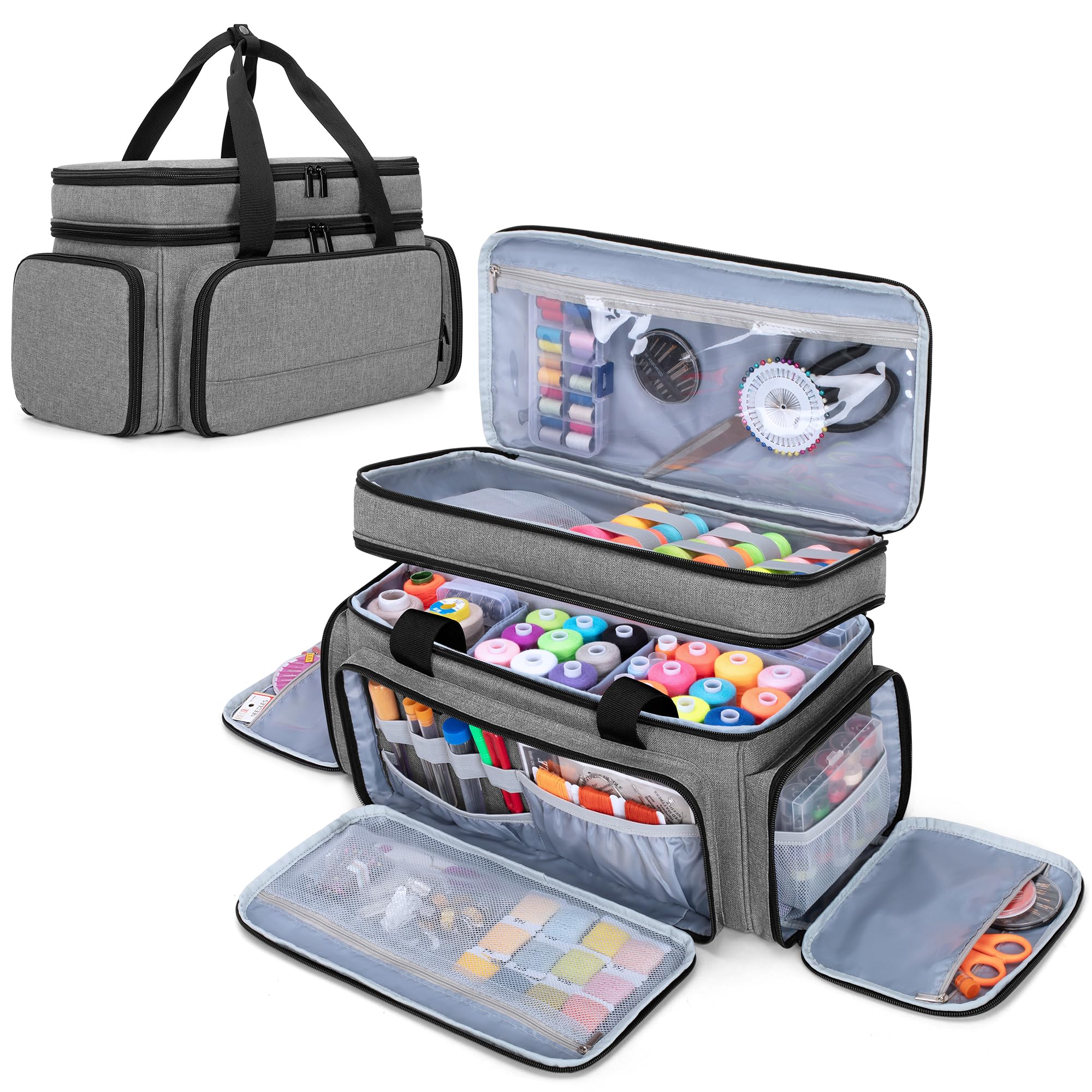 Luxja Large 2 Layers Sewing Organiser Bag with 5 Detachable Dividers, Storage Bag for Sewing Supplies, Grey